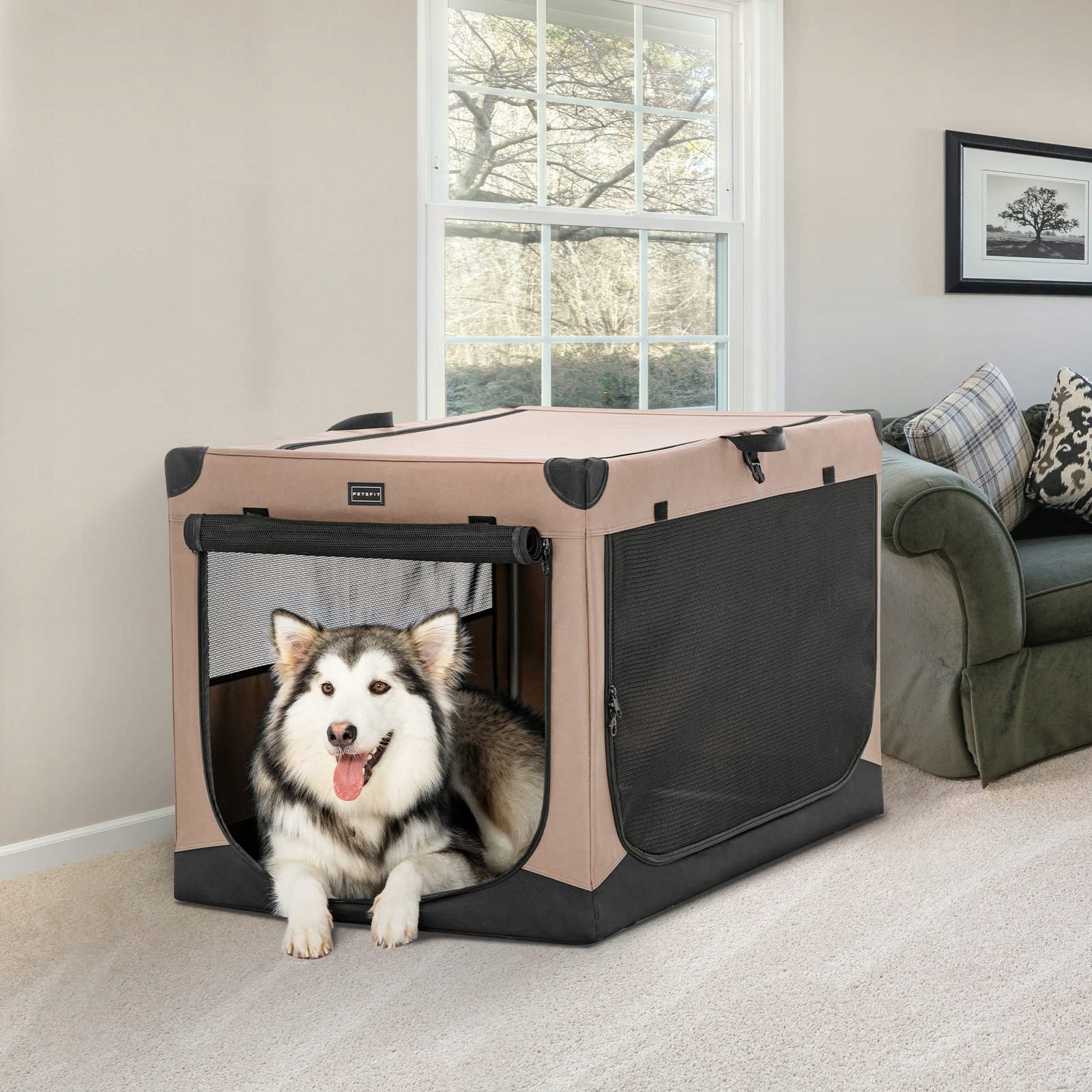 PETSFIT Składana Budka Dla Psów XL Regulowana Łatwa W Transporcie Khaki — miniatura 7