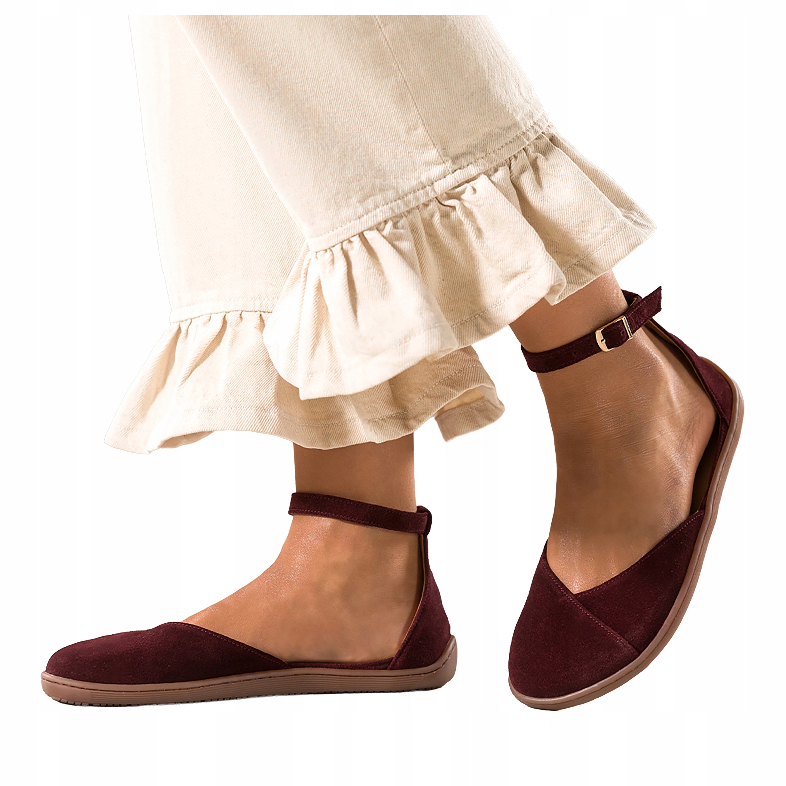 Baleríny Bordové Dámské Barefoot Kožené Pásek Kolem kotníku Široké vel. 39