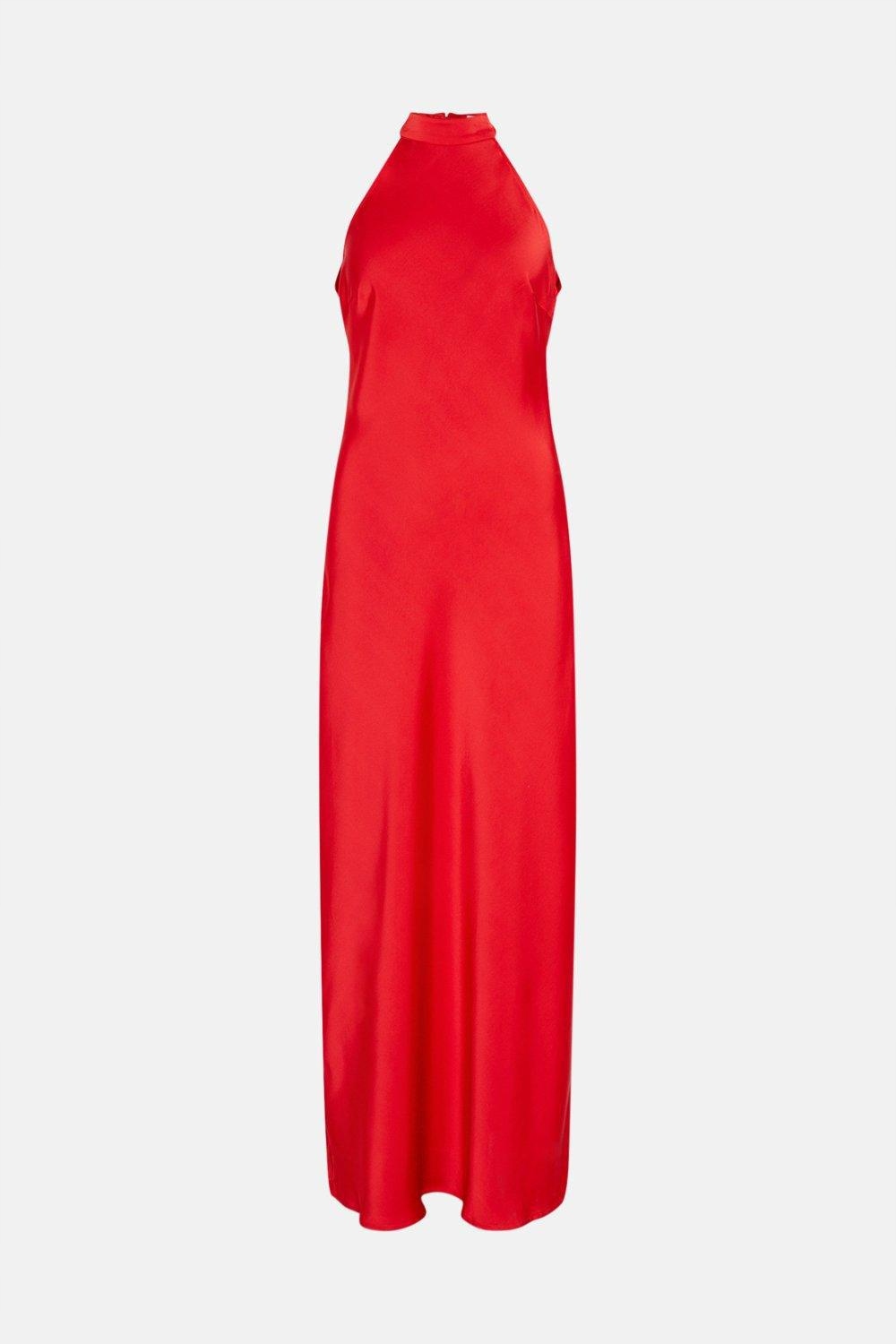 Warehouse NI1 sjr saténové červené maxi šaty odhalený chrbát L