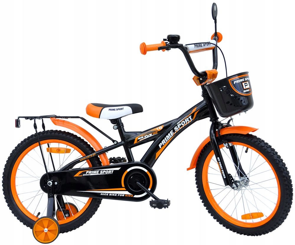Rower dziecięcy 18" Prime Bmx Sport czarno-pomarańczowy Pełne wyposażenie