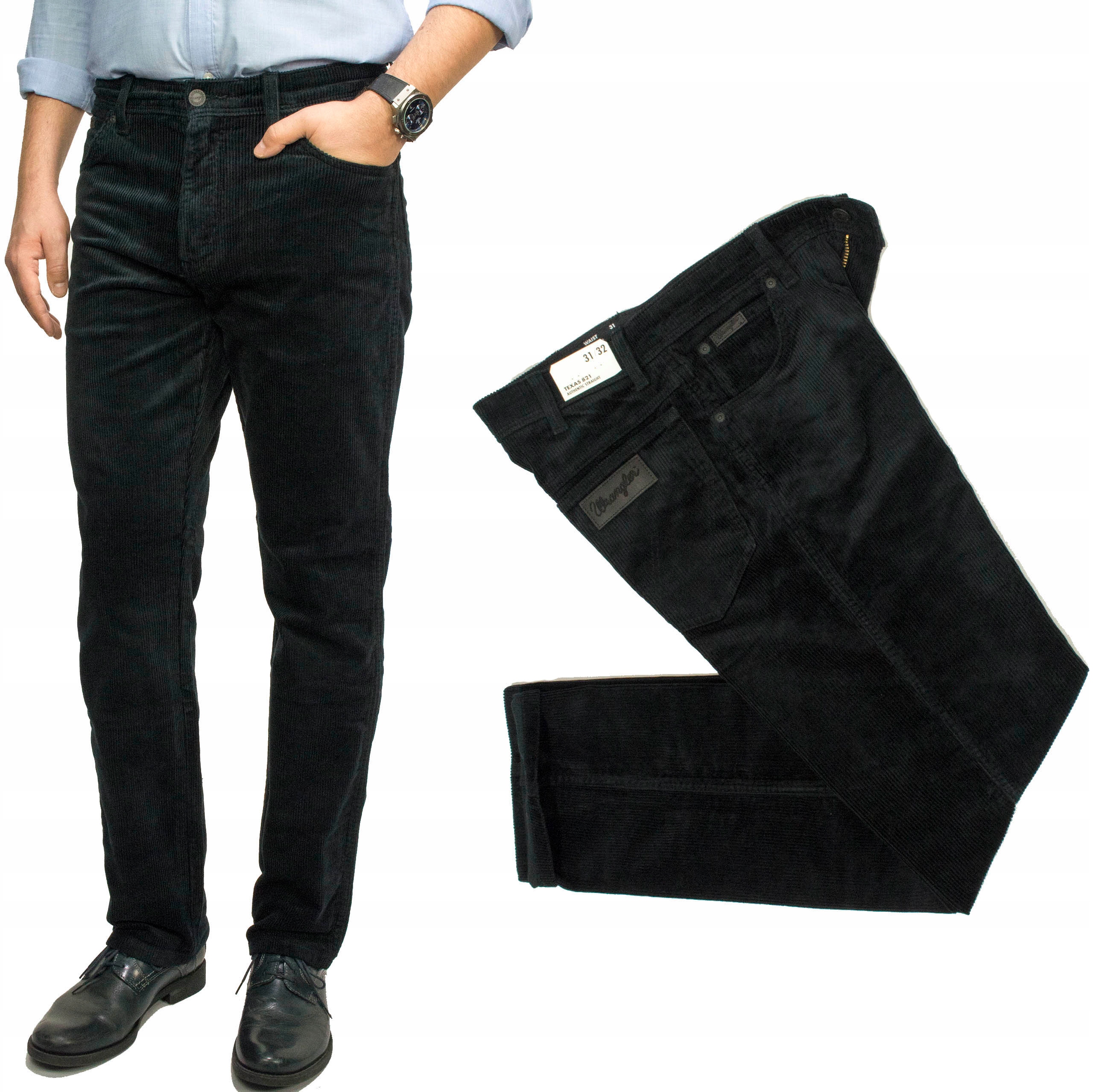 Wrangler Texas Black pánské manšestrové kalhoty černé klasické rovné W40 L32