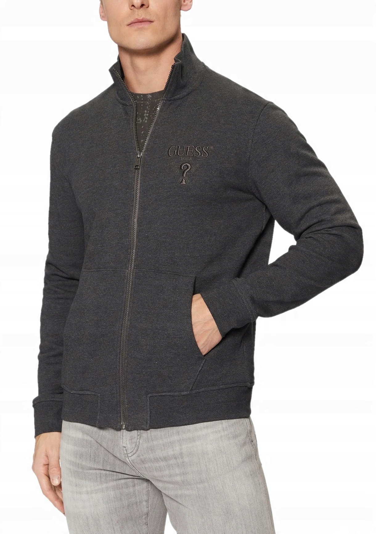Šedá Pánská Rozepínací Mikina Klasický Stojáček Bez Vzoru Tepla Guess L