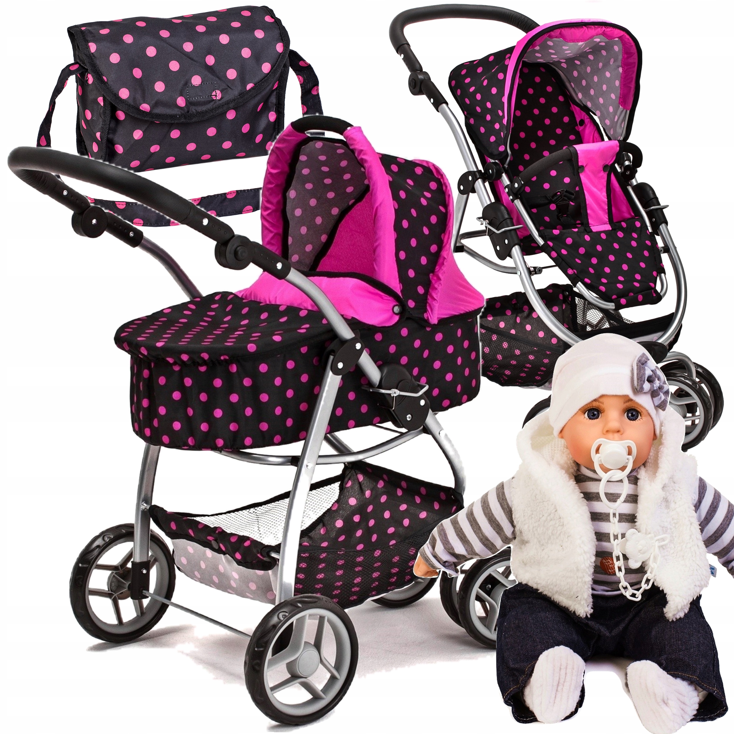 Duży wózek dla lalek SPACERÓWKA + GONDOLA + LALKA