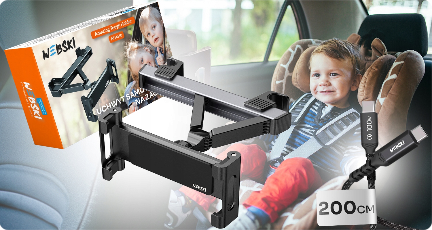 UCHWYT SAMOCHODOWY NA TABLET + DŁUGI KABEL USB C-C Rodzaj do tabletów