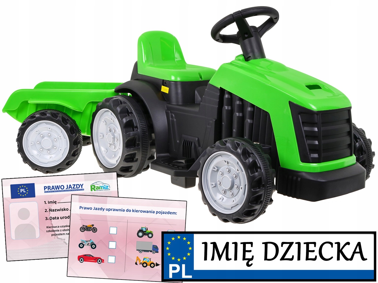Ciągnik na akumulator Tablica Imienna prawo jazdy Przyczepka