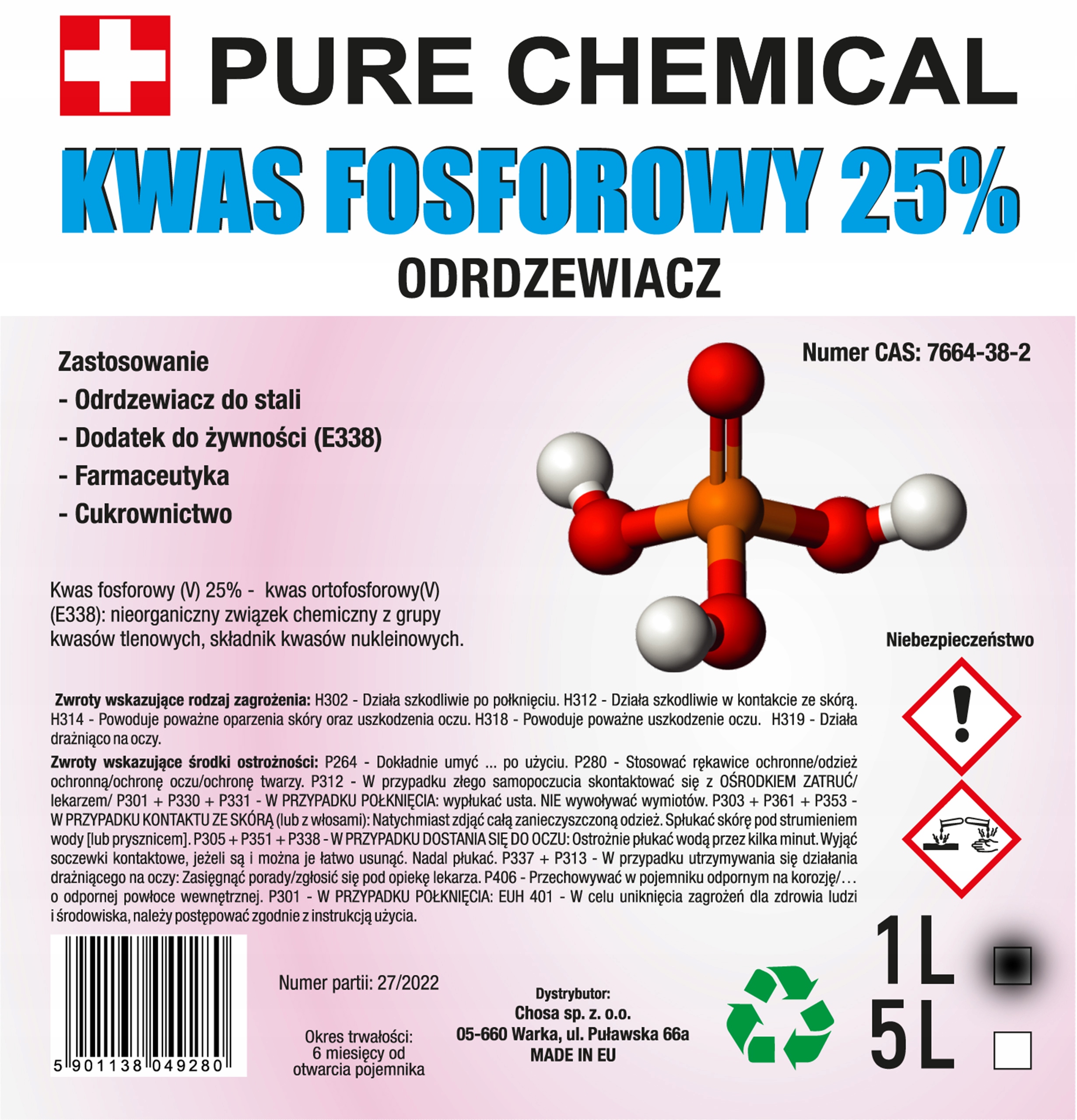 ODRDZEWIACZ DO STALII I ŻELIWA KWAS FOSFOROWY 1L Producent Inny