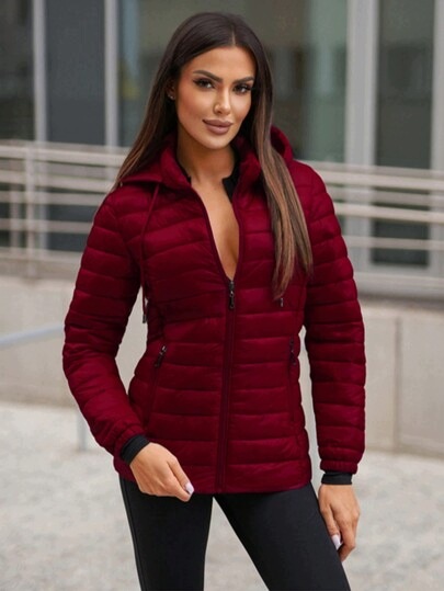 Shein Bordó Prošívaná Bunda S Kapucí A Zapínáním Na Zip, velikost XL 2BA