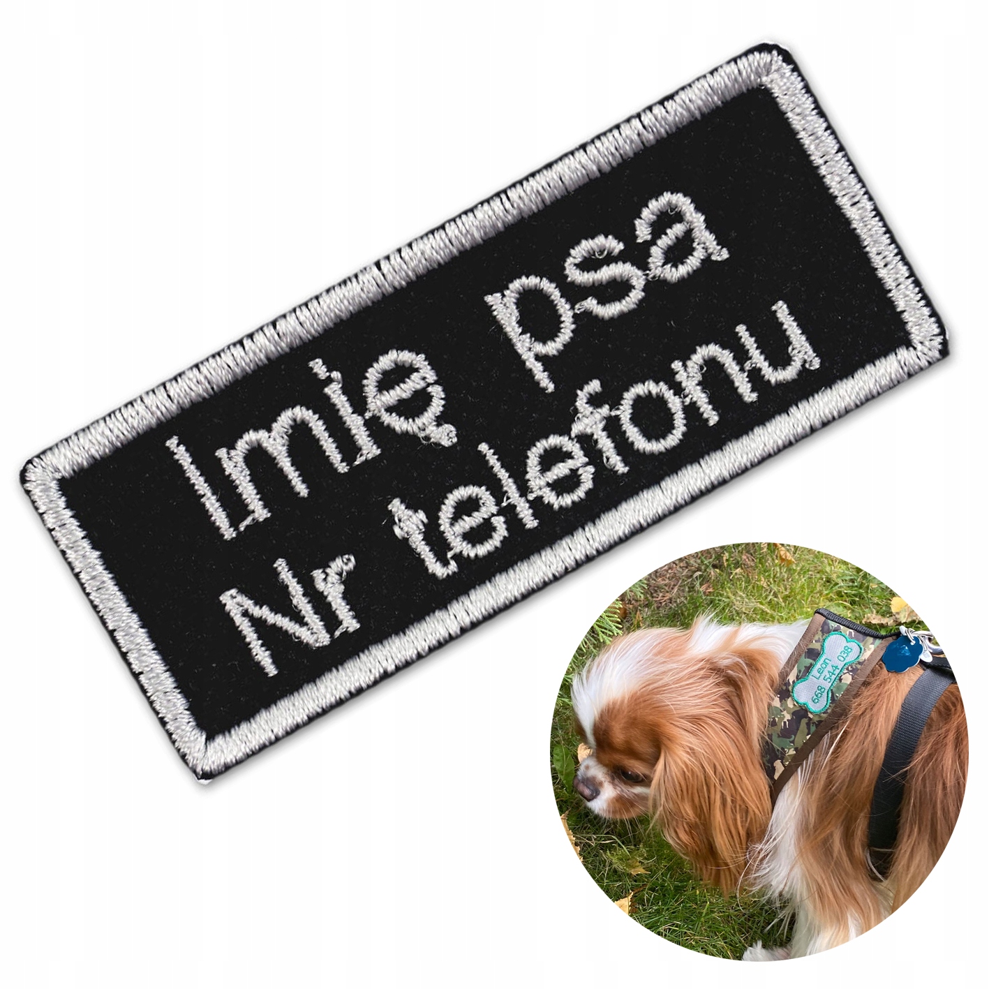 

Naszywka imiennik z numerem tel. dla psa do szelek