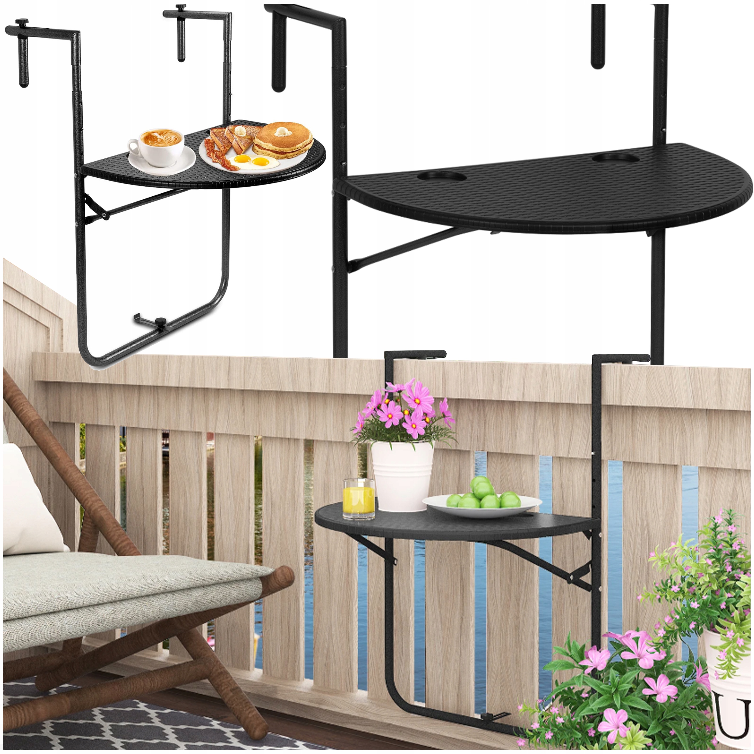SKŁADANY STOLIK BALKONOWY Półka na Balustradę Turystyczny KAWOWY NA TARAS Kolor czarny
