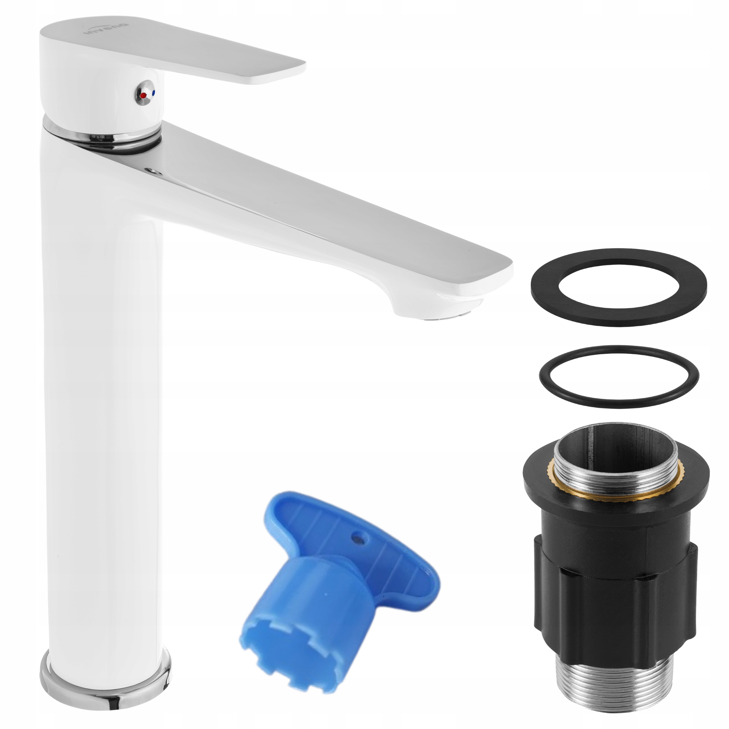 Kran Bateria Umywalkowa Biała Wysoka Stojąca Jednouchwytowa Biały Chrom