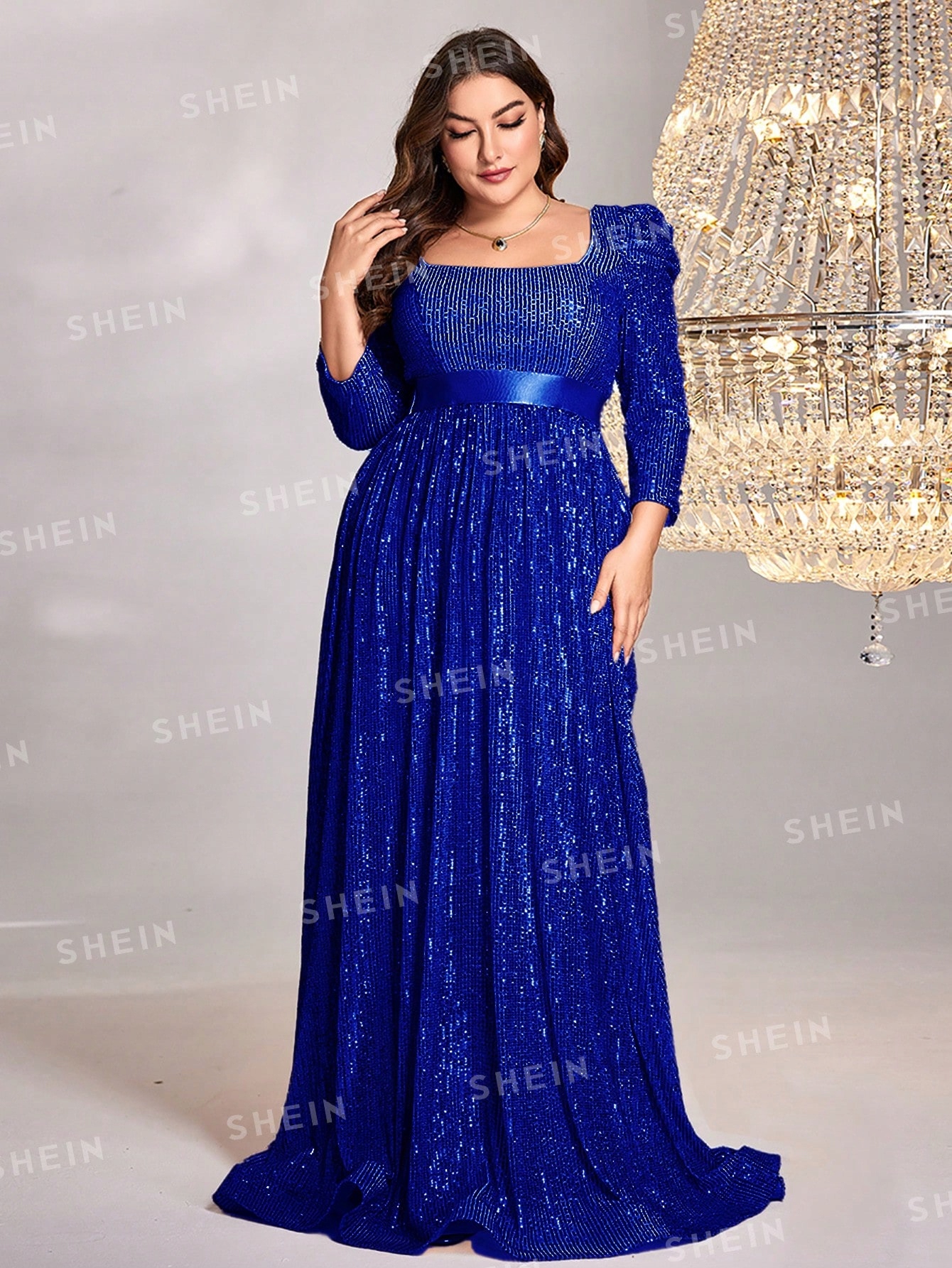 Šaty Večerní Flitrová Maxi Rozkládací Modrá Shein XL 42