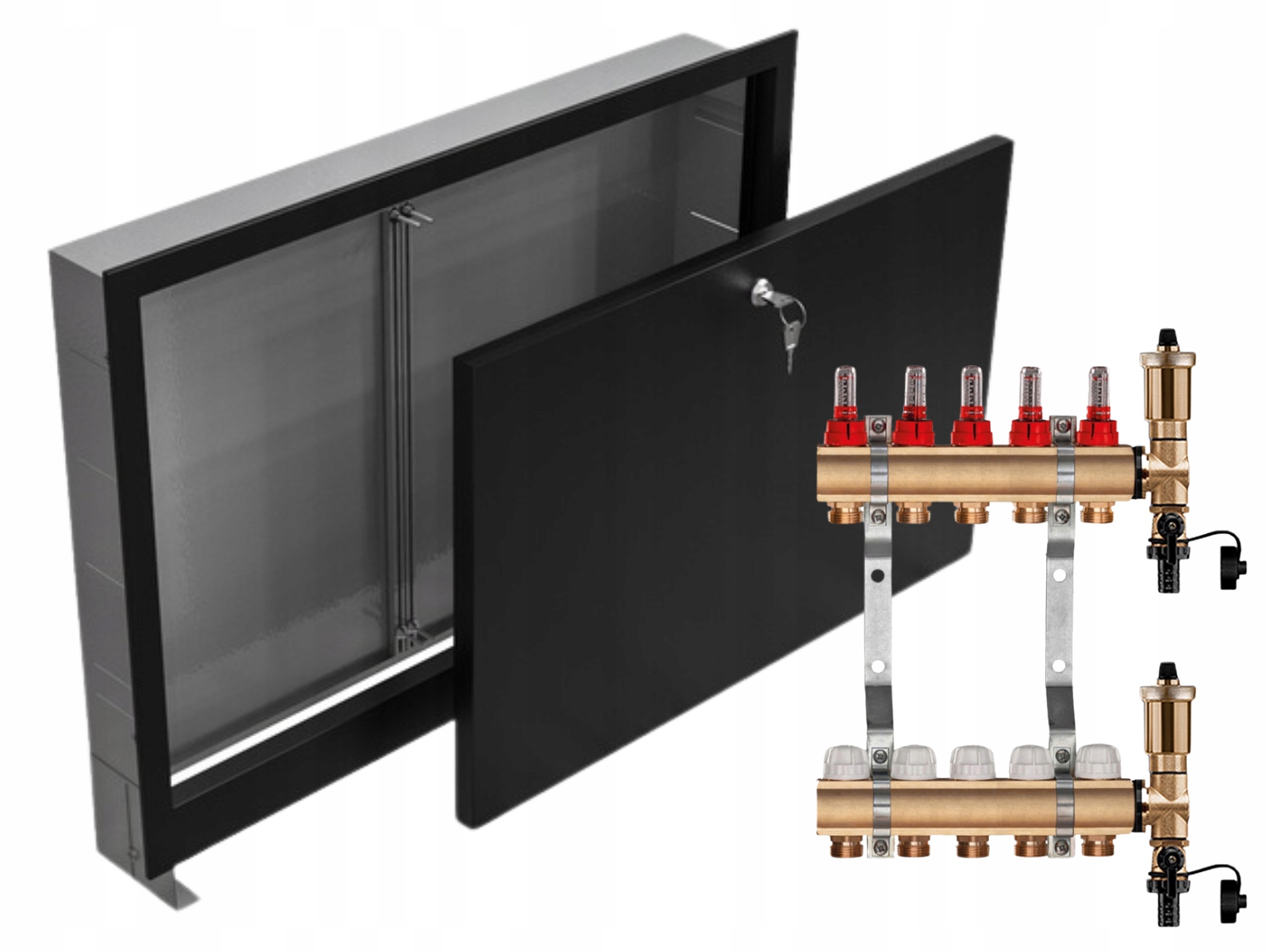 Mosazný Rozdělovač 5 Sekcí Podomítková Skříňka Černá
