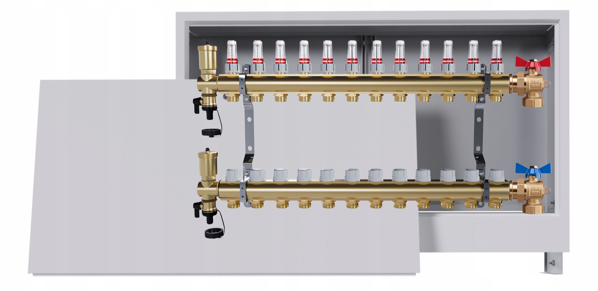 Rozdělovač podlahových krytin mosazný 12 okruhů podomítková skříň 2 ventily