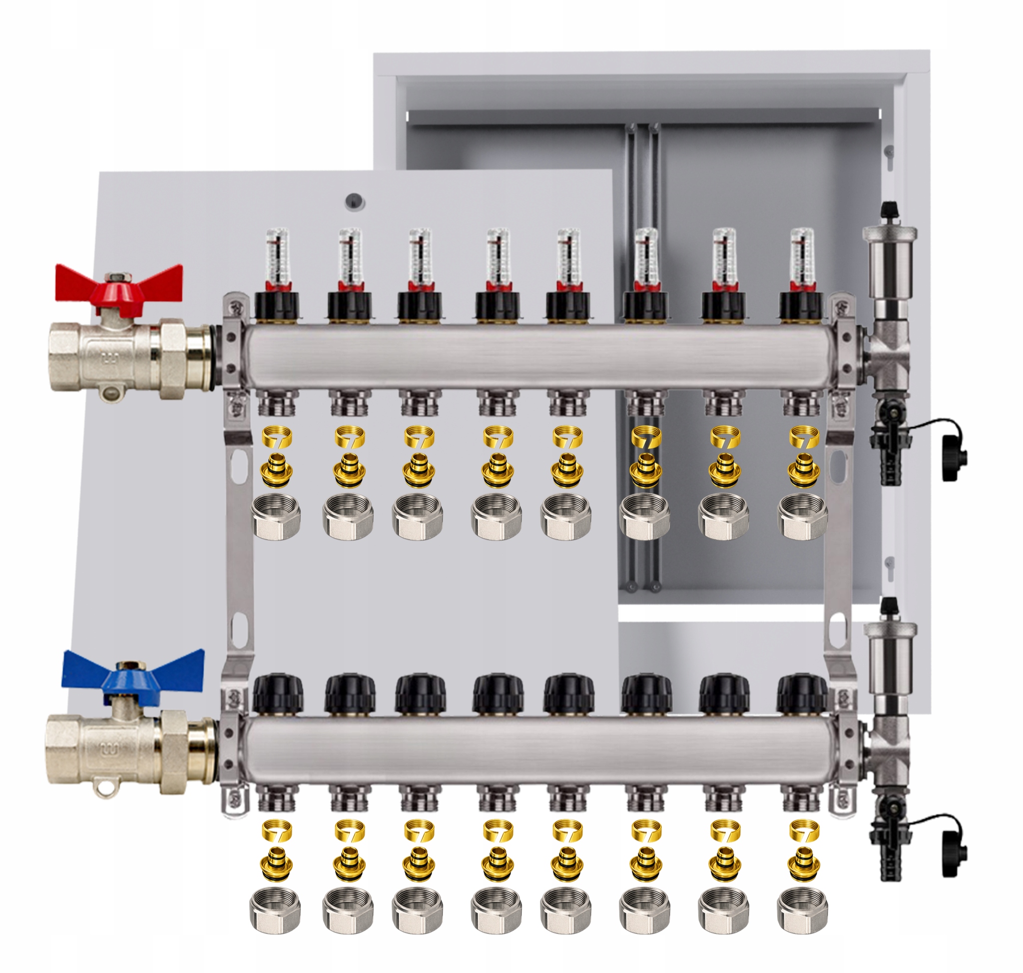 Nerezový rozdělovač pro podlahu 8 okruhů nástěnná skříňka Pex