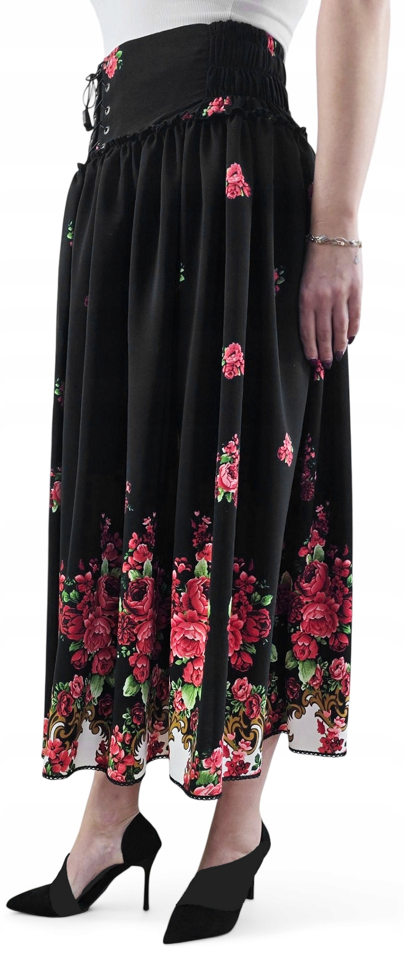 Vzdušná Sukně dlouhá sukně Elegantní černá s květy růží *FolkStyle*XXL