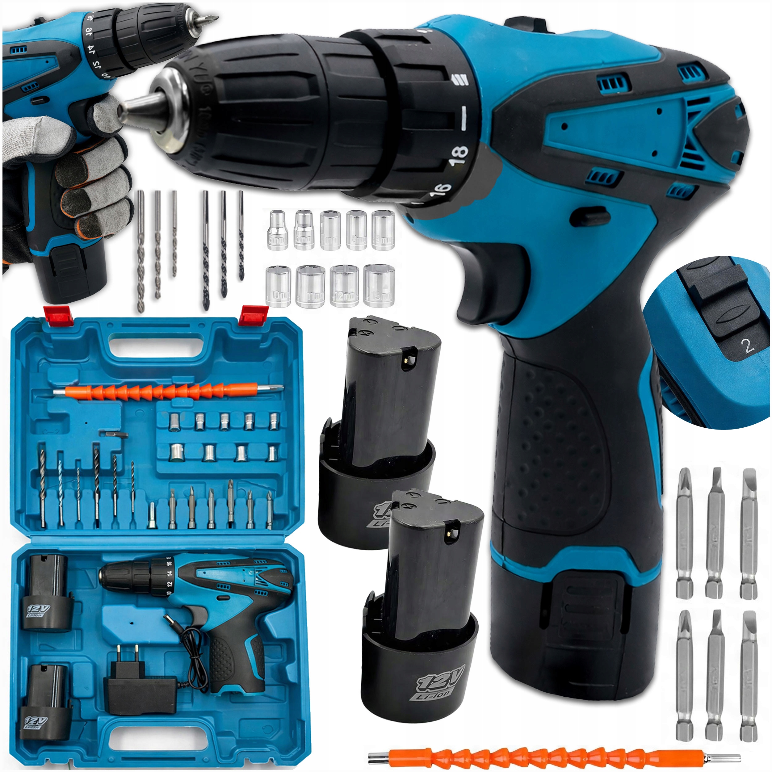 Wiertarko Wkrętarka Akumulatorowa Wkrętak 2X Aku 12V Zestaw Wiertła Walizka