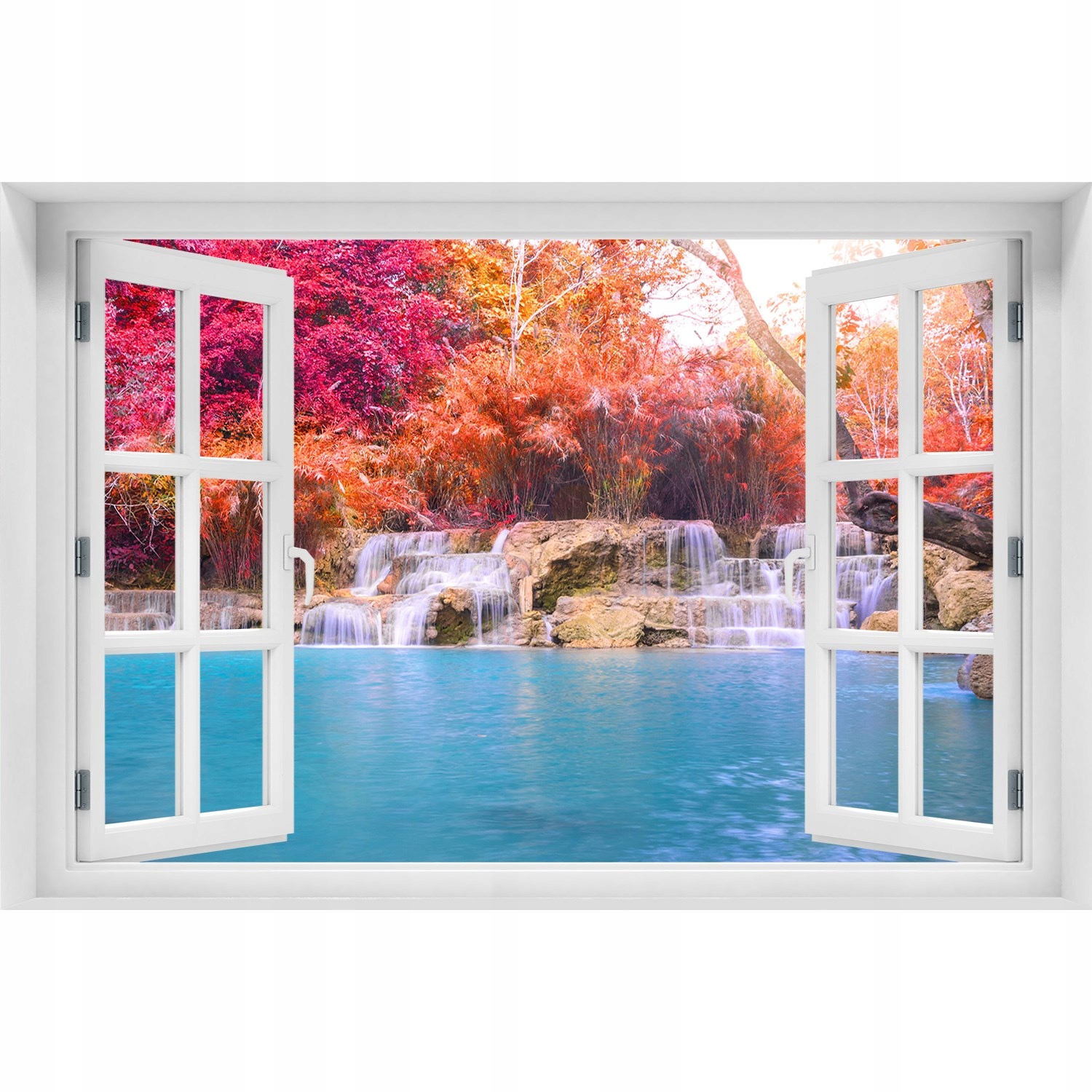 

Naklejka fototapeta 3D Okno widok Wodospad w lesie