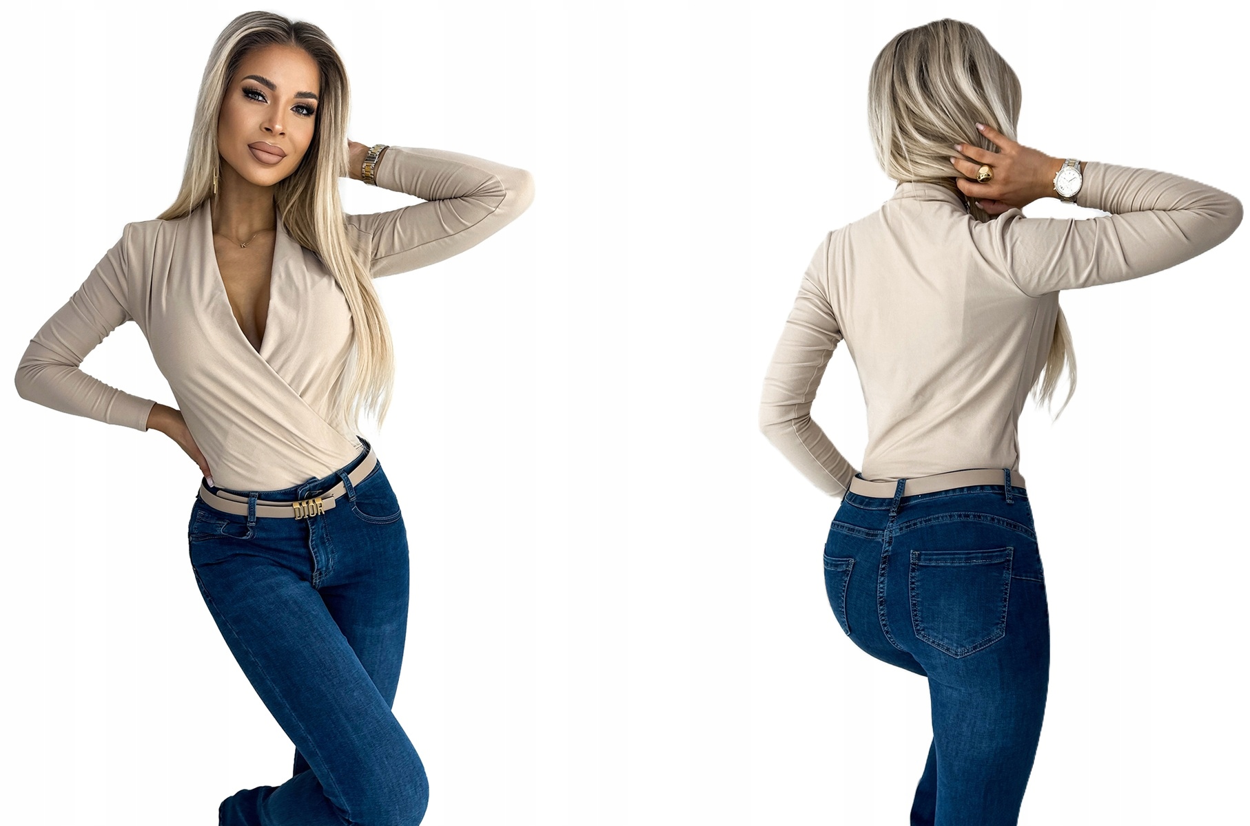 Klasické Elastické Body S Odvážným Hlubokým Výstřihem Béžové, Velikost L