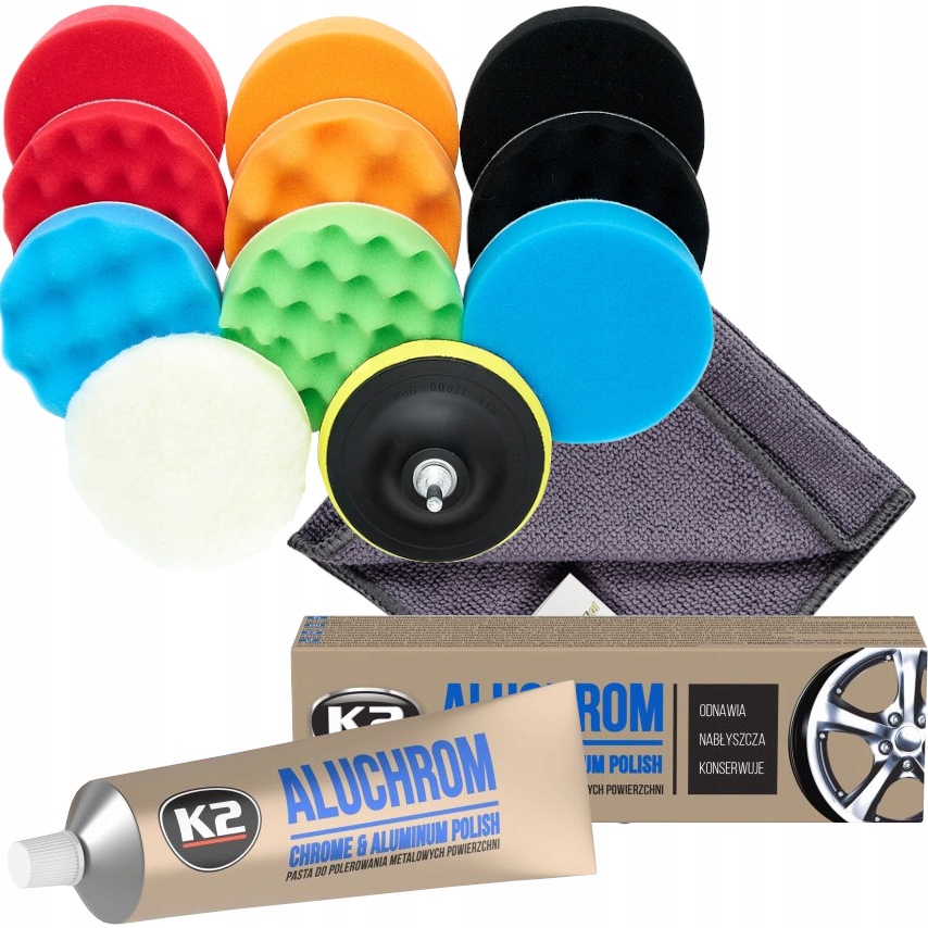 ZESTAW PASTA K2 ALUCHROM 100G + GĄBKI PADY POLERSKIE 125MM DO POLEROWANIA