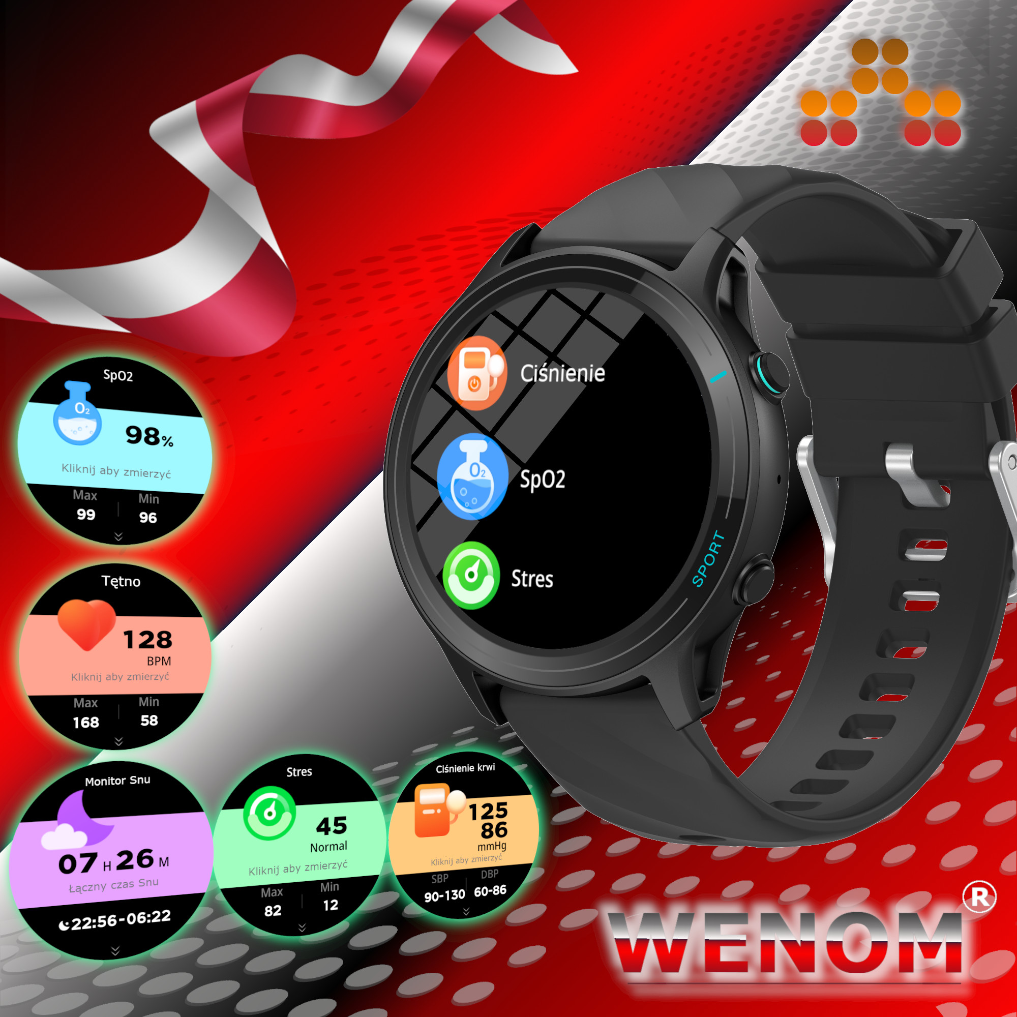 Smartwatch Ip 68 Monitor zdrowia Bluetooth, Wodoodporny Menu Pl Rozmowy
