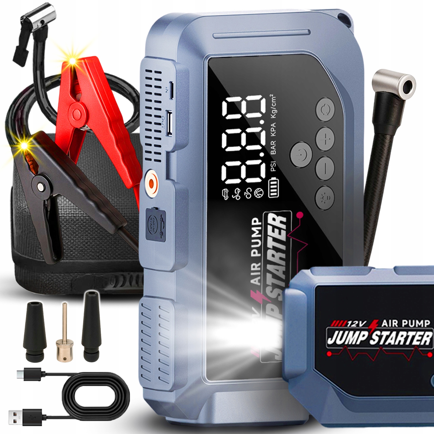 Urządzenie rozruchowe booster jump starter 18000 mAh kompresor 150PSI 2w1