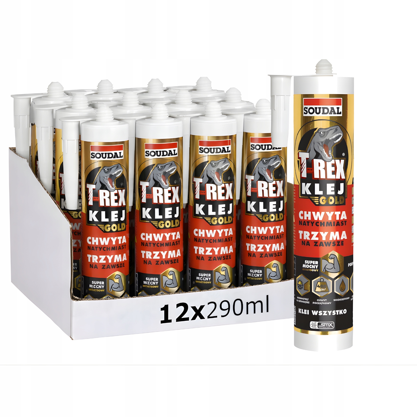 12 x Soudal T-rex Gold Hybridní Montážní Lepidlo Univerzální 290 ML Strong