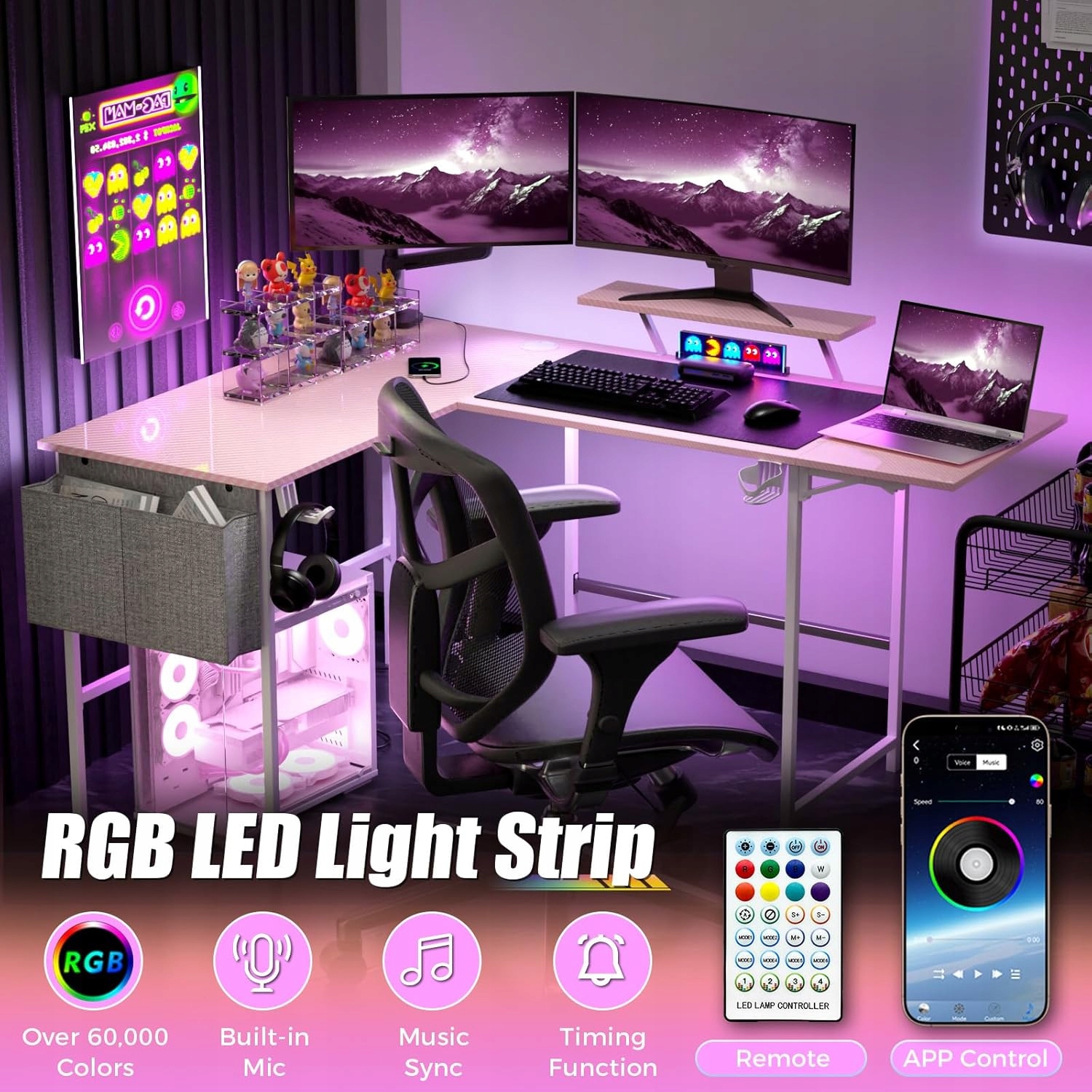 Set 2 x herný stôl Písmeno C Rohový Led Biely 110x(300,240)x110 cm.