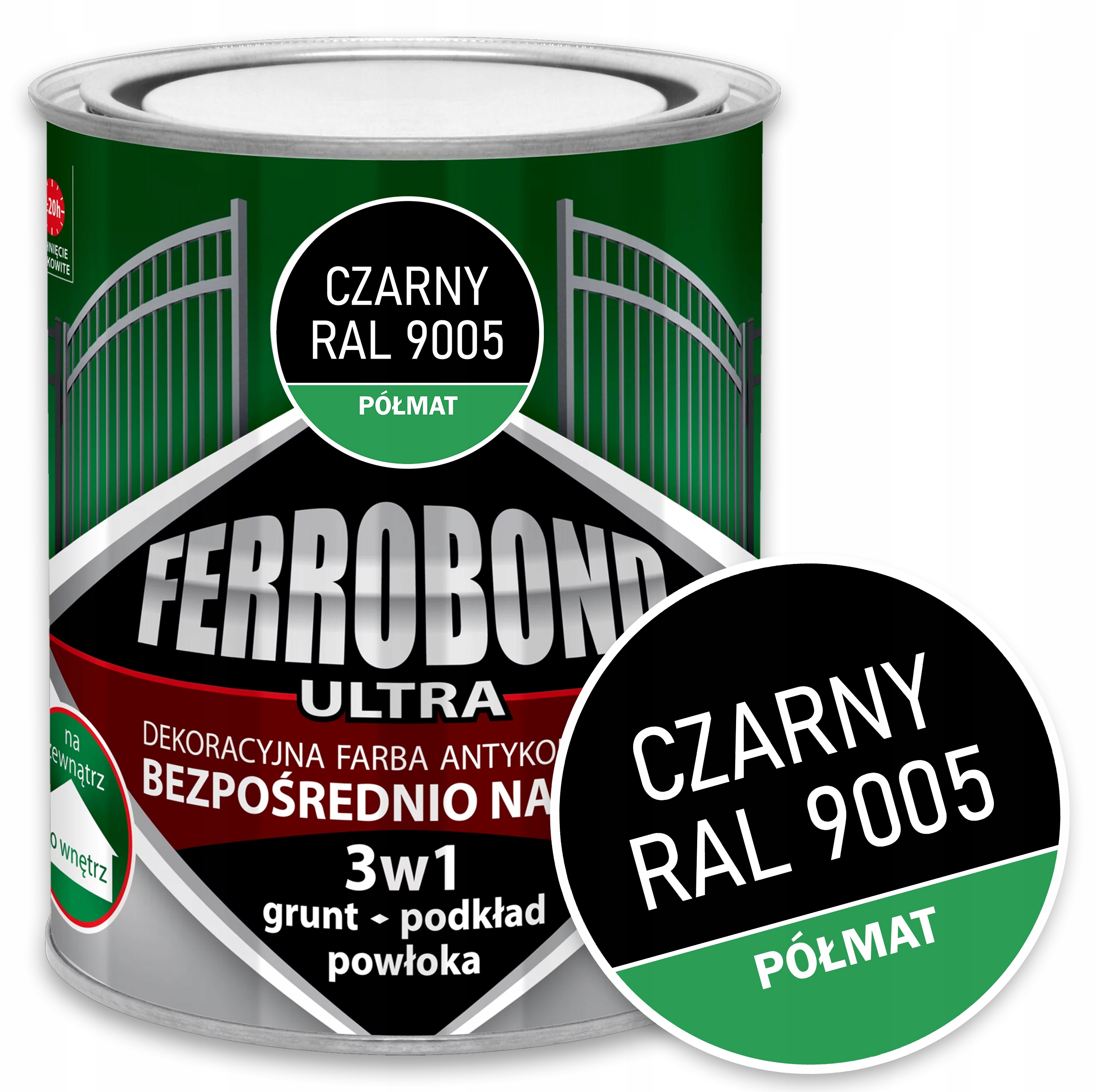 Farba do Metalu Żeliwa na Rdzę CZARNY PÓŁMAT RAL 9005 0,7L Ferrobond Ultra
