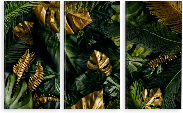 

Tryptyk Obraz Na Ścianę złote liście monstera
