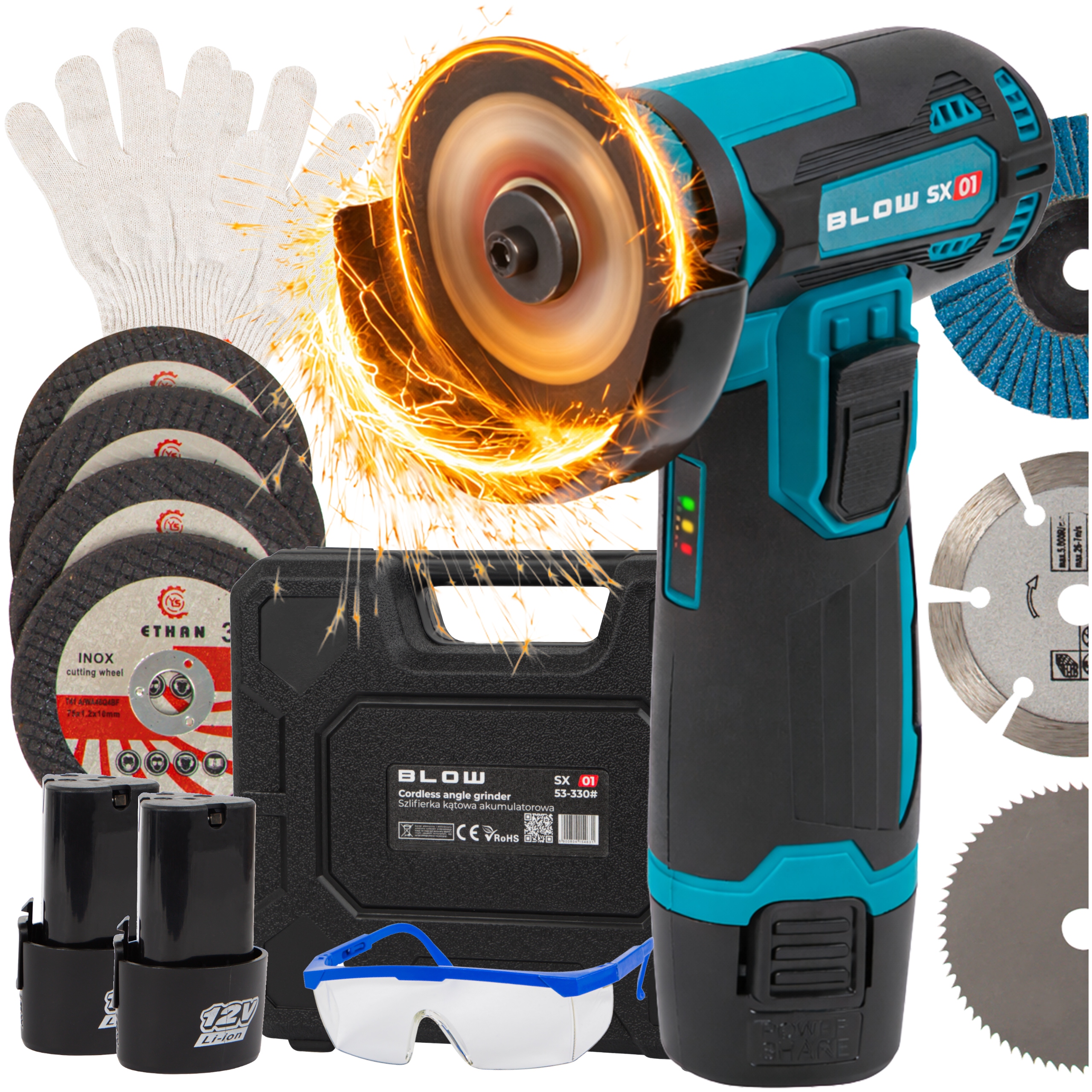 Szlifierka Kątowa Akumulatorowa 900W 12V 19500 Rpm 2x Aku 7x Tarcza Walizka