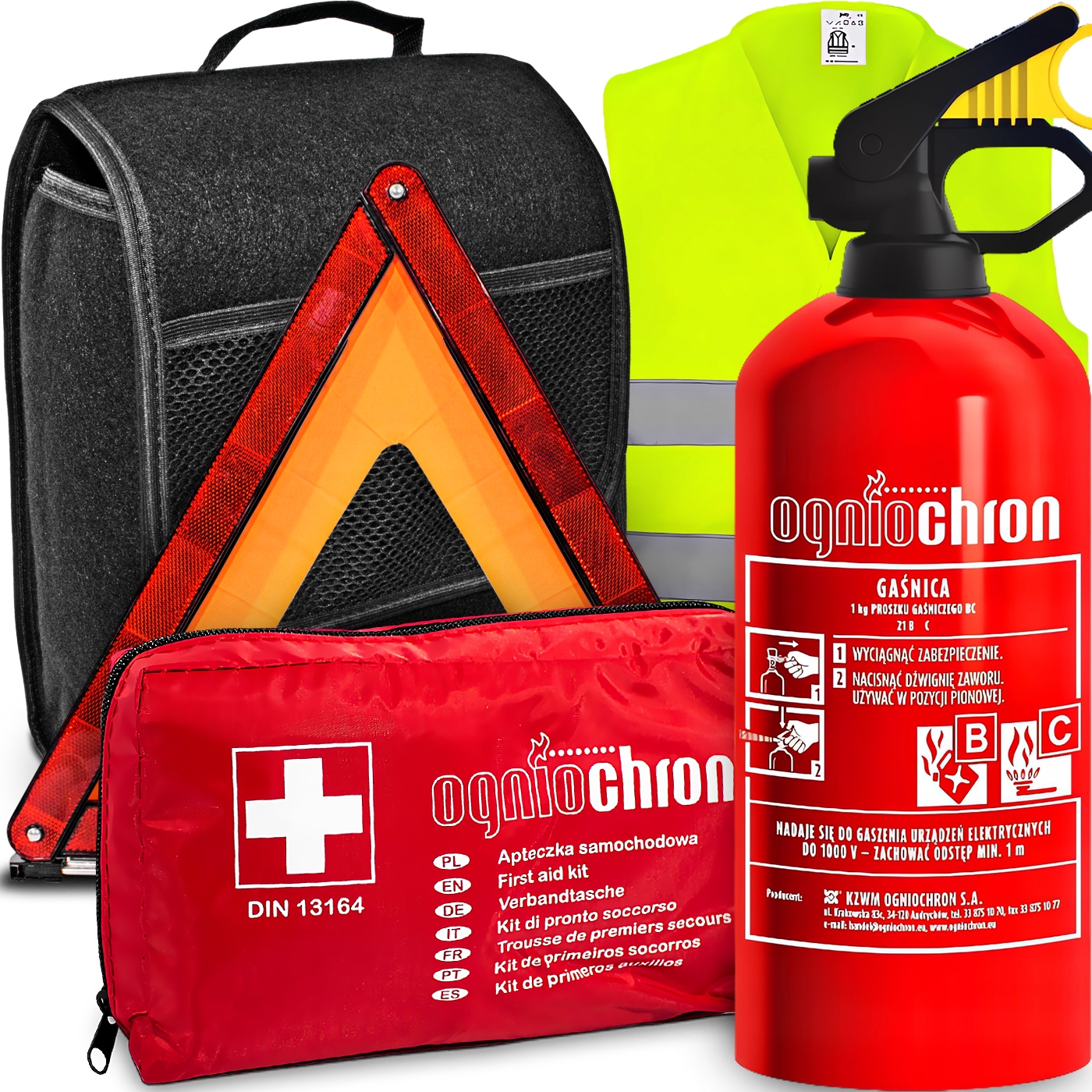 Agmi Sada Hasicí Přístroj 1 Kg Lékárnička DIN13164 Trojúhelníková Vesta Taška Do Auta