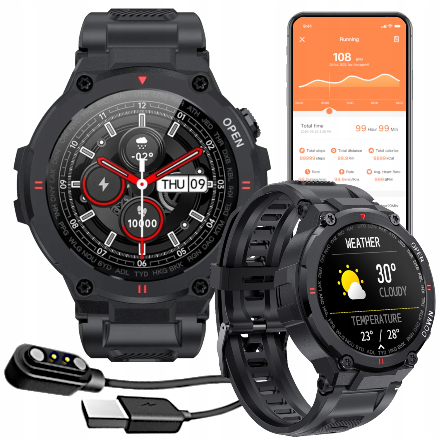 Smartwatch męski zegarek sportowy GlacierX Faron Black na pasku Puls Stoper