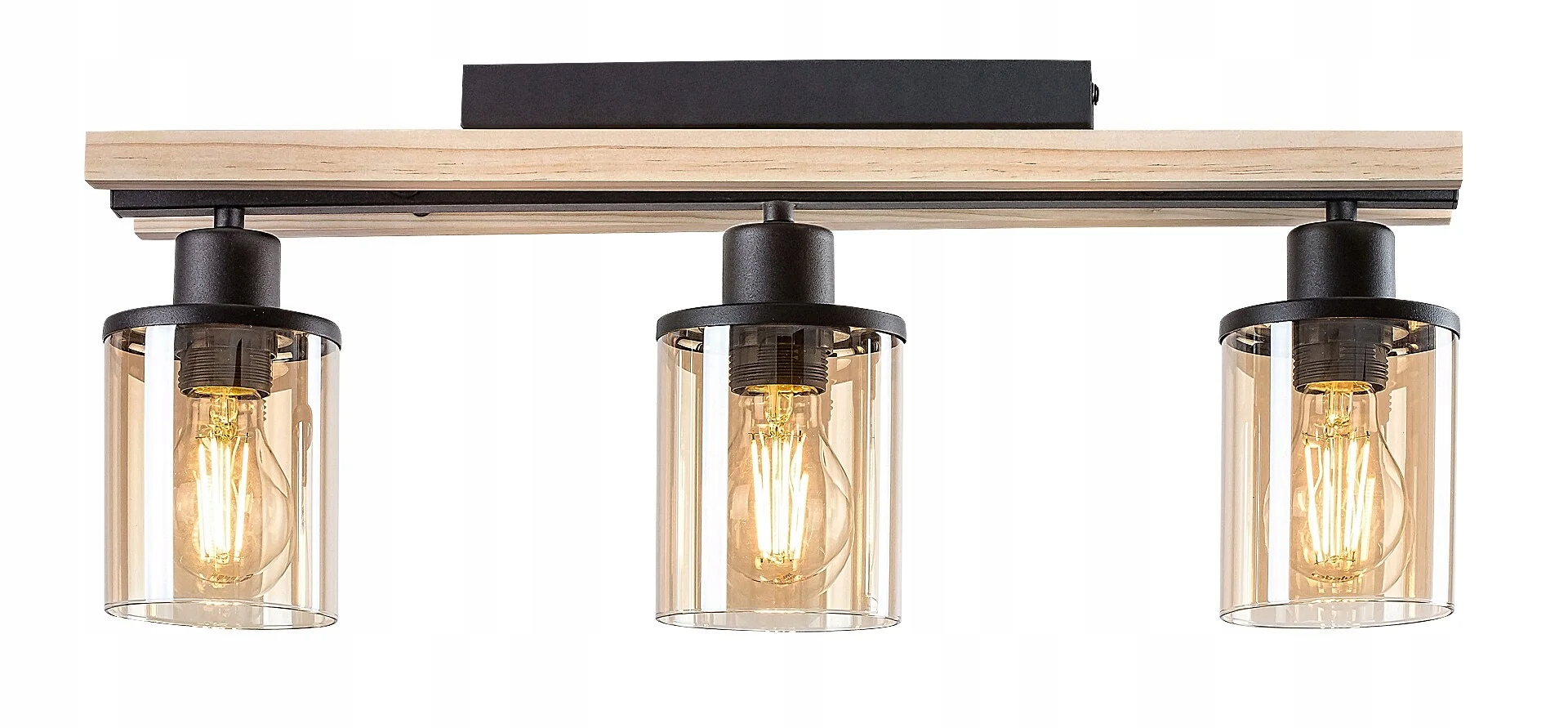 Stropná lampa drevená lišta 55 cm 3 sklenené jantárové tienidlá Rabalux