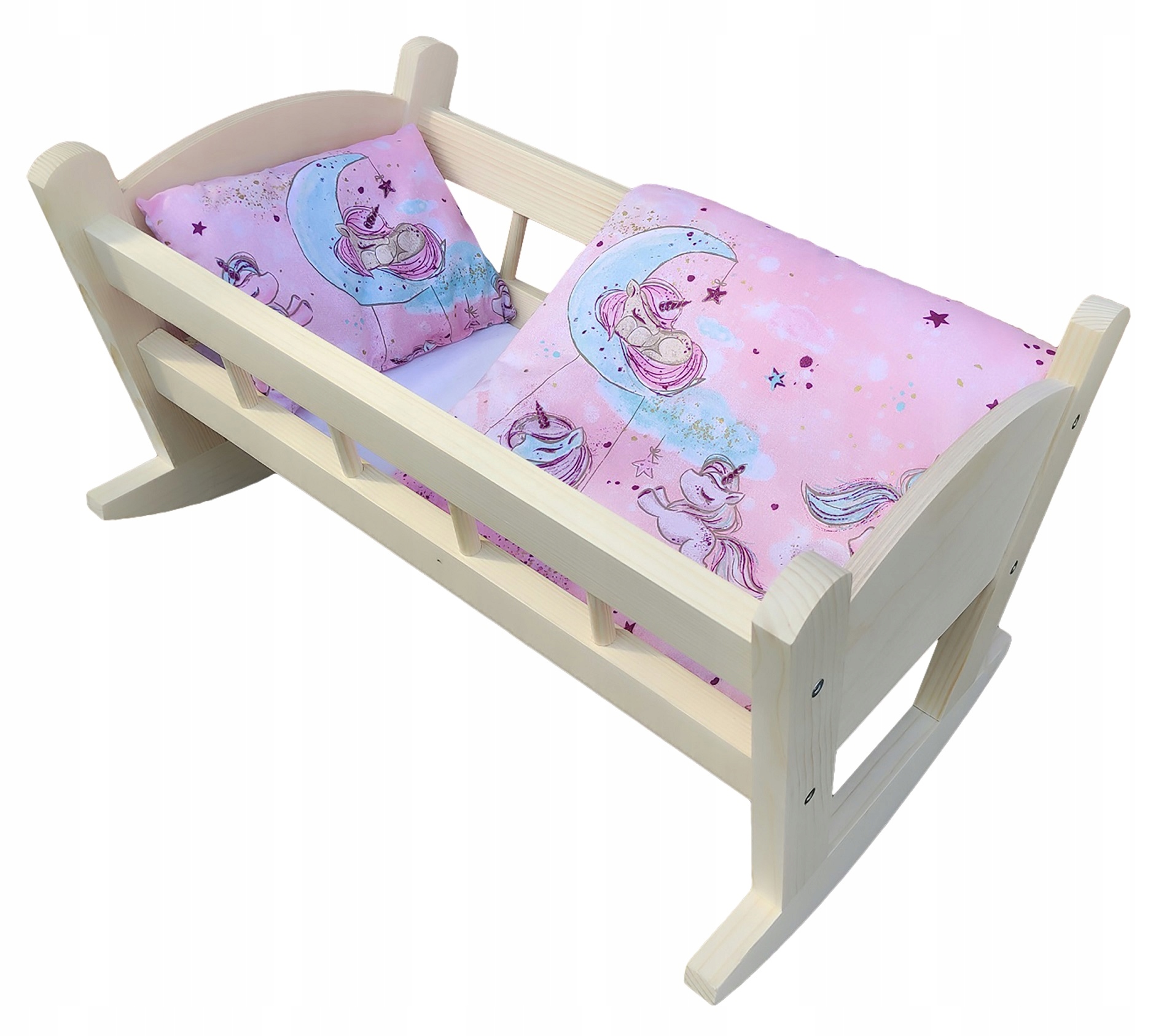 KOŁYSKA DLA LALEK naturalna + POŚCIEL 3 elementy - JEDNOROŻCE