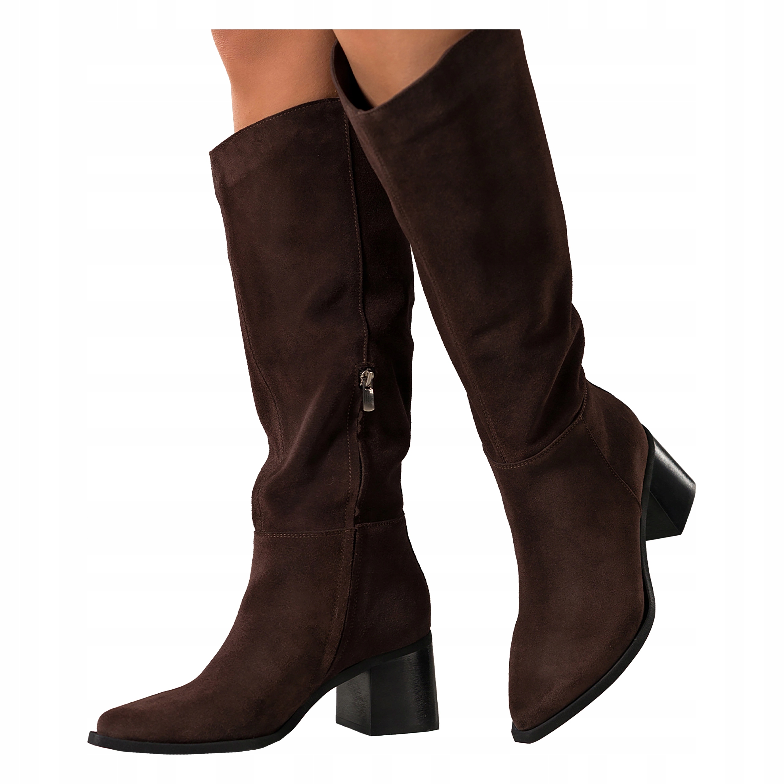 Čokoládové Kozačky Dámské Semišové Na Kolečku Módní Kožené Polské vel. 40