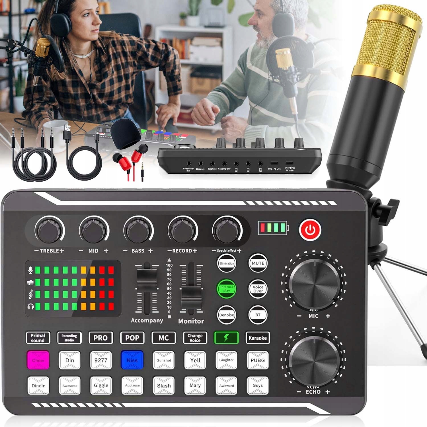 Studiový Mikrofon Kondenzátorová Zvuková Karta Mixážní Pult Stativ Malý Set