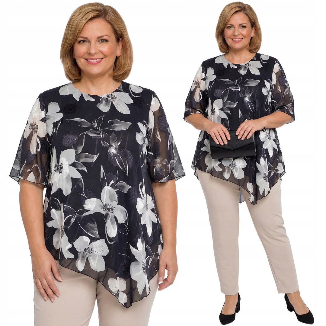 Asymetrická černá tunika s šedými květy a velikostí velikost 50