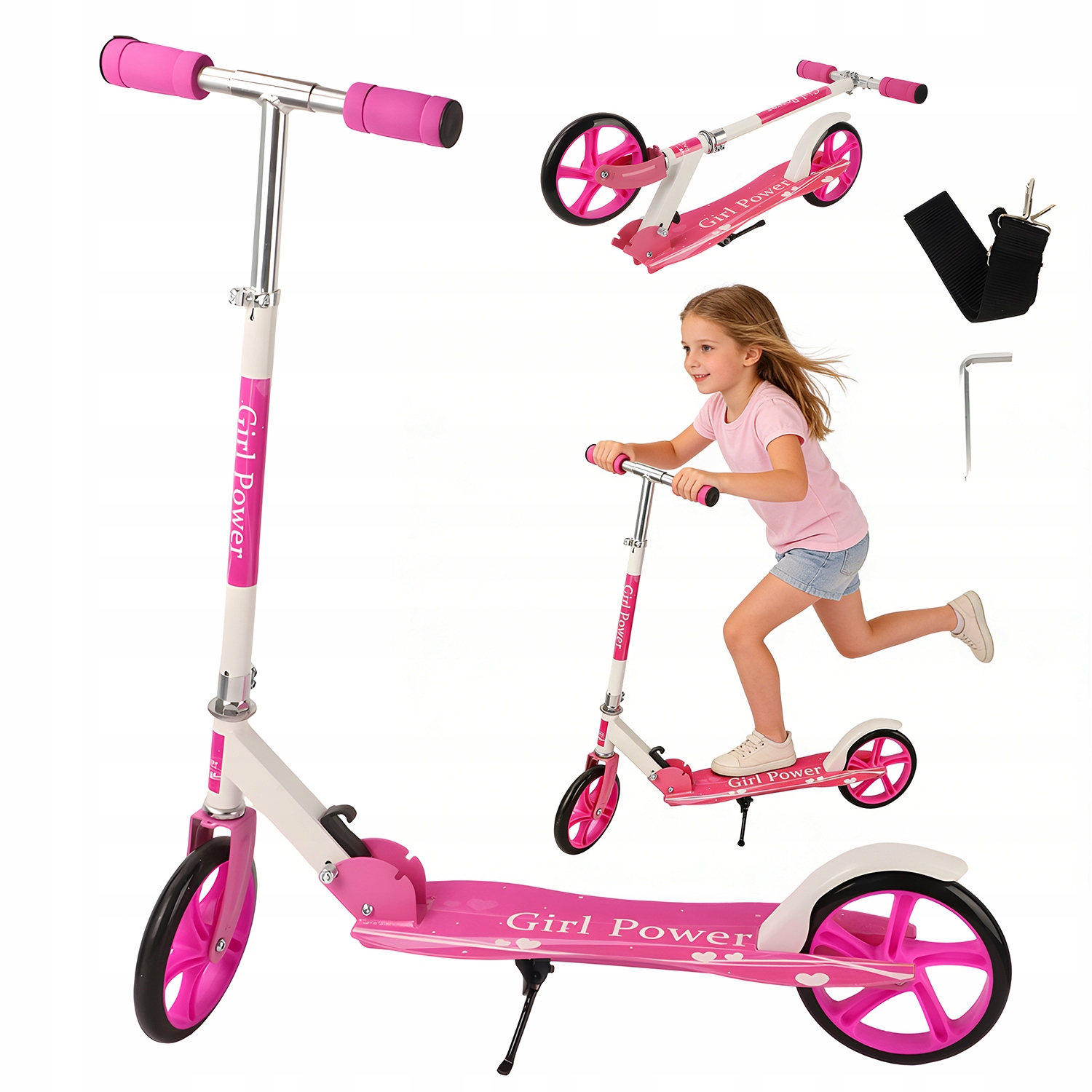 Hulajnoga Składana 2 Kołowa Do 80KG Koła Led 205MM Różowa Nastawny 90-100CM