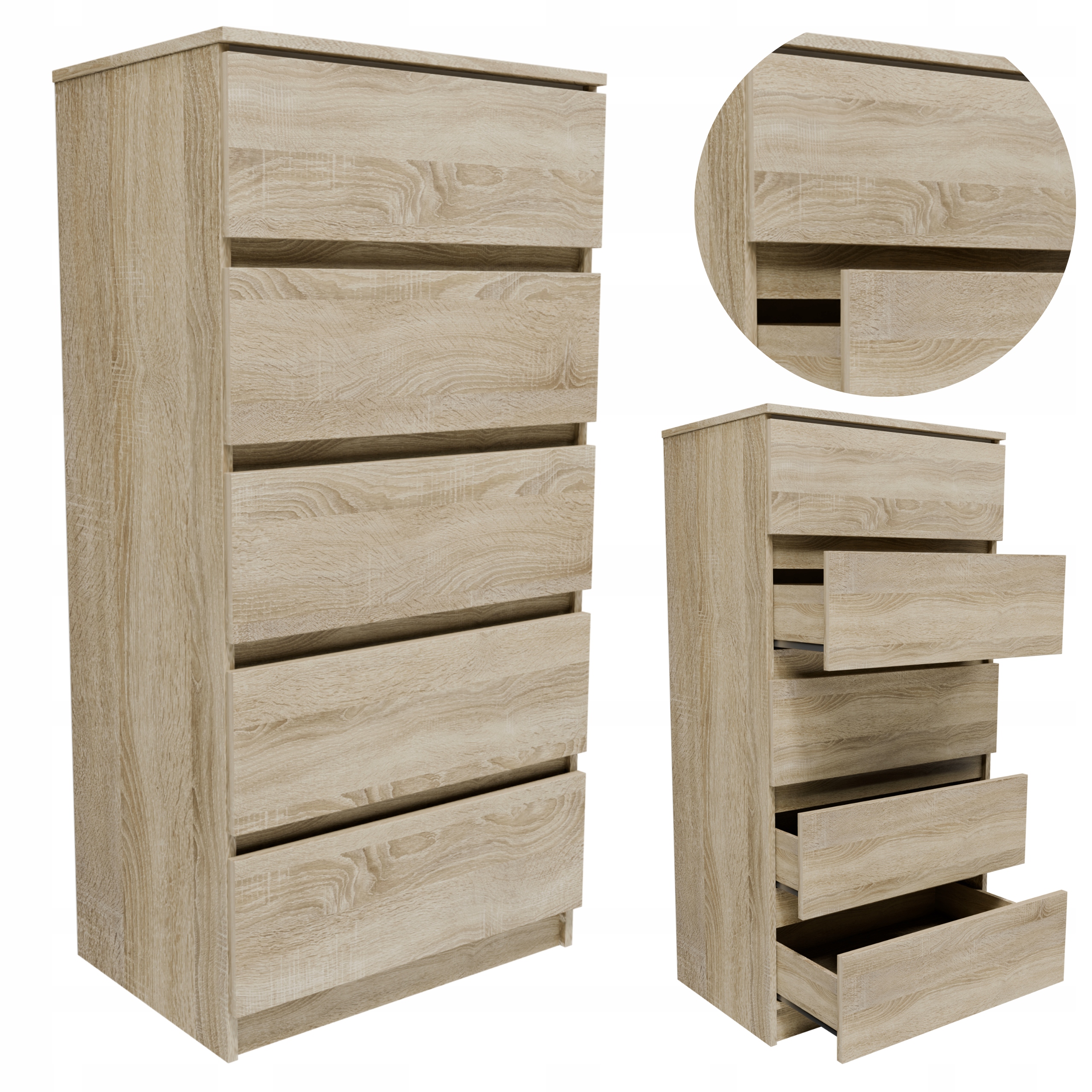 Komoda K605SON sonoma vysoká velká skříňka 5 zásuvek regál na oblečení hračky