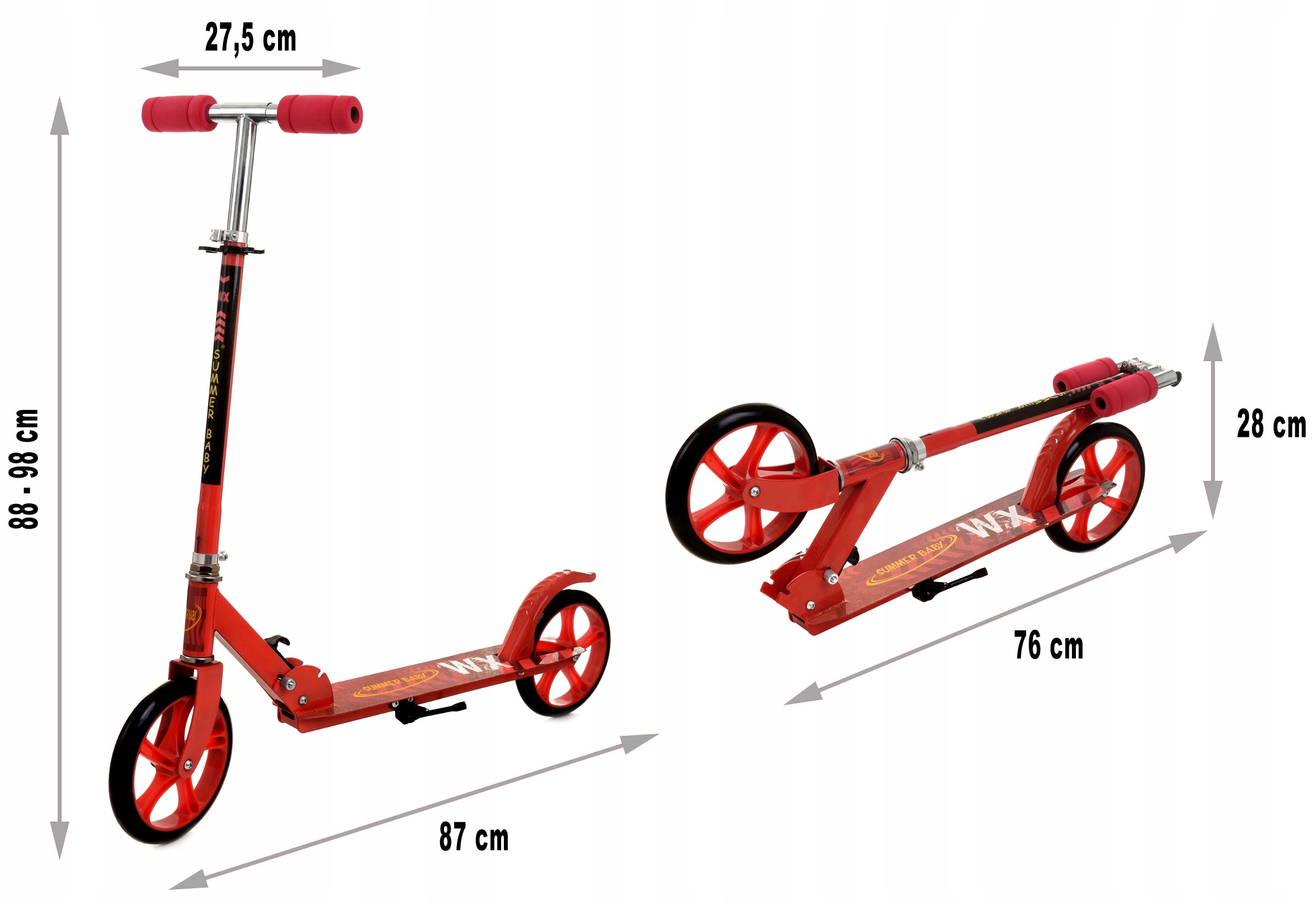 HULAJNOGA SUMMER BABY WX DUŻA MIEJSKA SKŁADANA KOŁA 20 CM KOLOR CZERWONY Cechy dodatkowe składana stopka