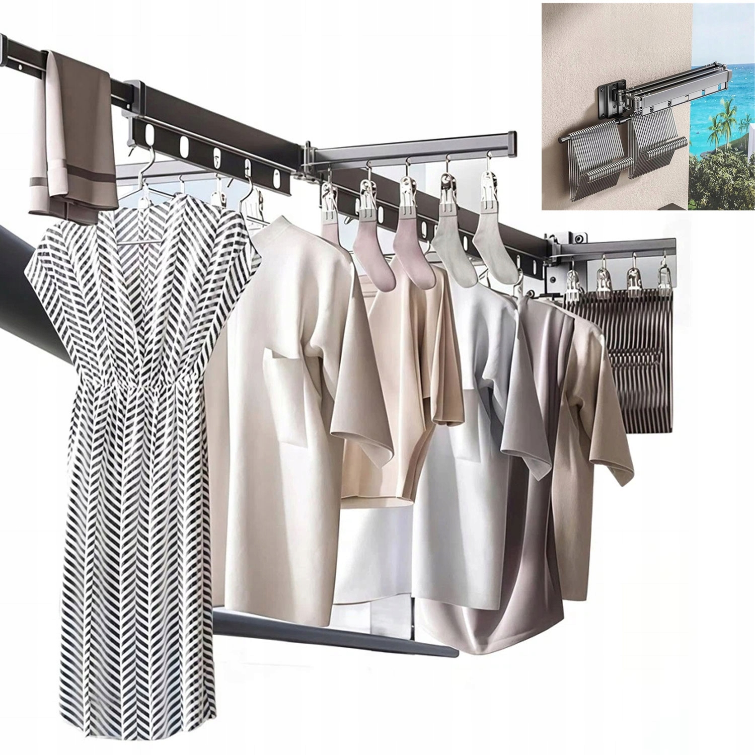 Levně Skládací Nástěnný Věšák Na Oblečení Sušák Do Koupelny Černá Klipsy