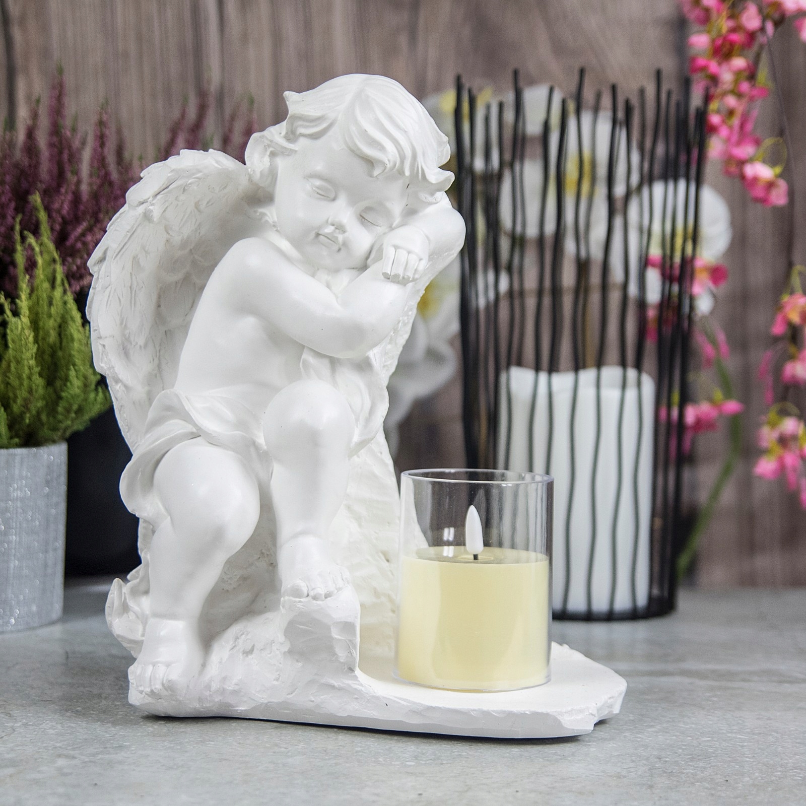 DUŻY ZNICZ + ŚWIECA GIPSOWA FIGURKA NAGROBNA LAMPA LED 3XAAA Marka Decortrend