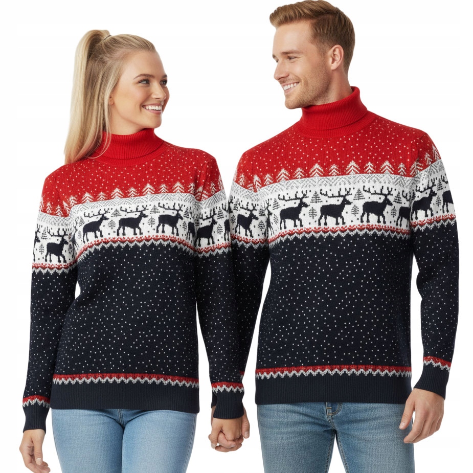 Vánoční svetry roláky pro páry sada 1+1 tmavě modré se sobem vánoční
