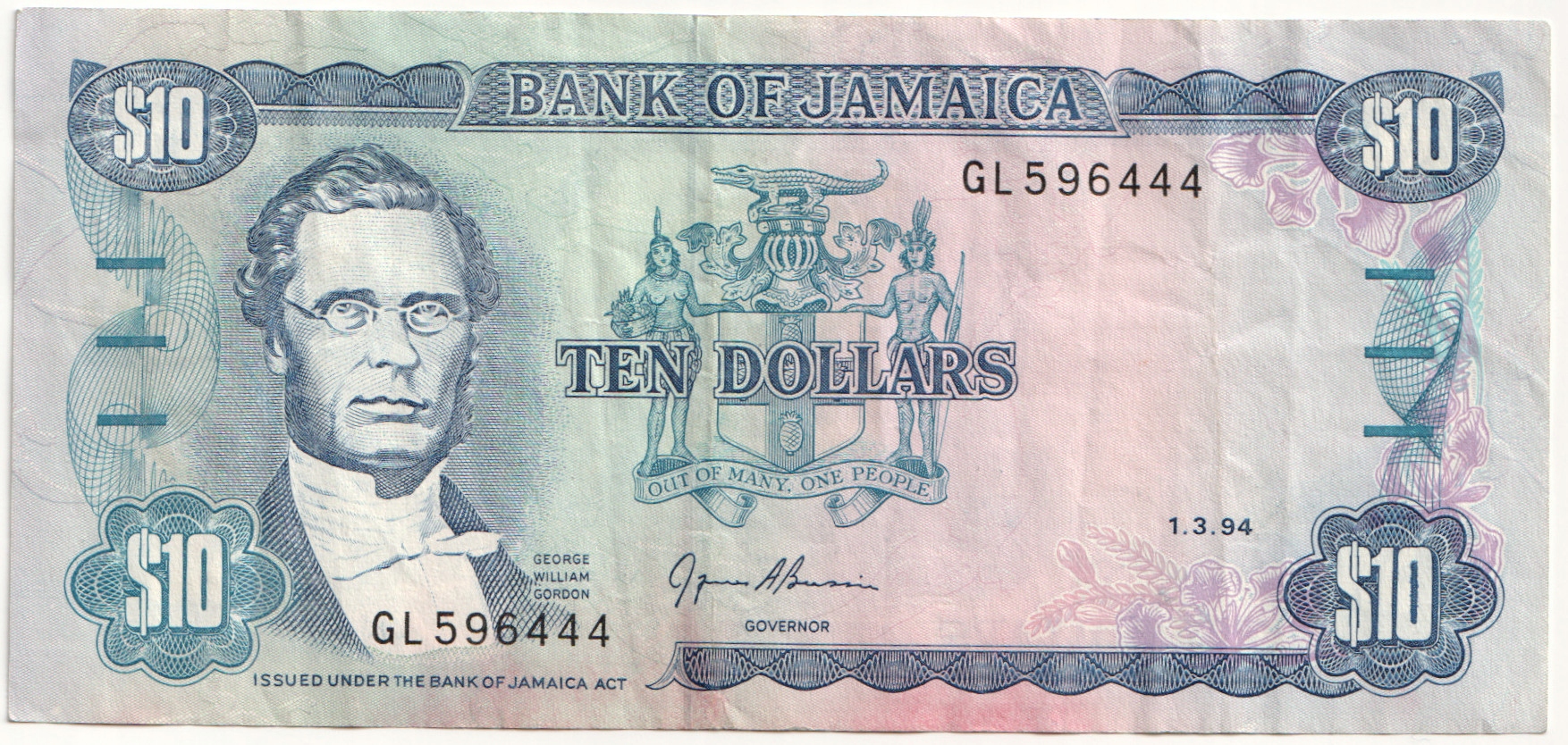 1.db.Jamajka, 10 Dolarów 1994, P.71.e, St.3+