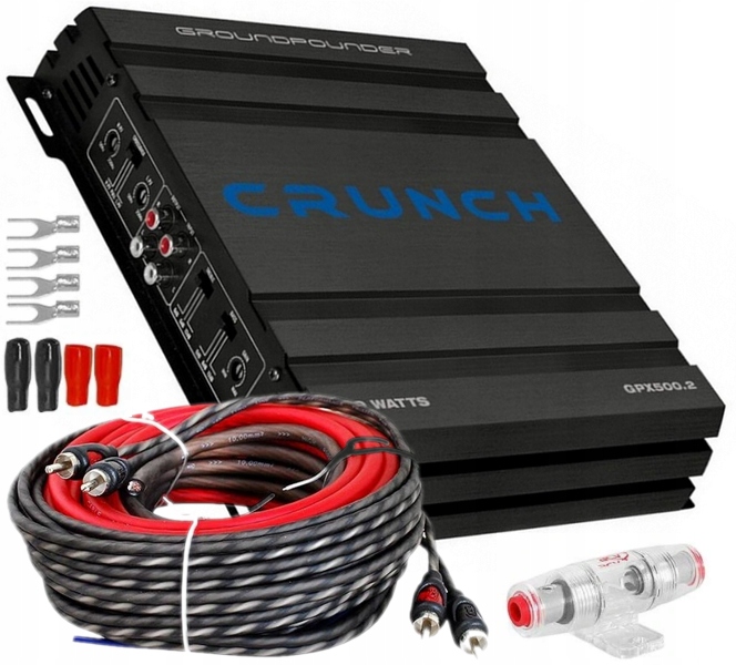Výkonný zesilovač Crunch GPX500.2 500W sada kabelů Acv 10 mm2