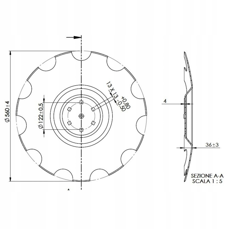 Talíř pro talířový agregát, prohnutý, Typ P, ozubený 560 mm, 6 otvorů