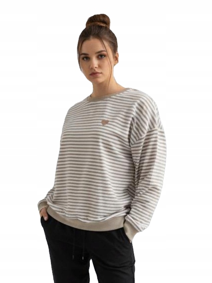Megi Collection bluzka bluza damska Serce pasy biało beżowe M L