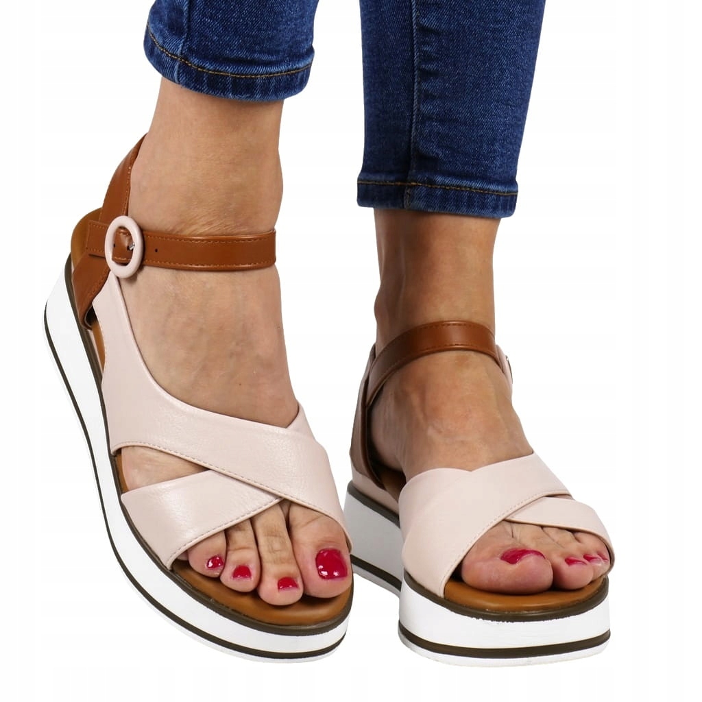 Dámské Sandály Na Podpatku A Platformě, Béžové, S Zapínáním Na Kotníku