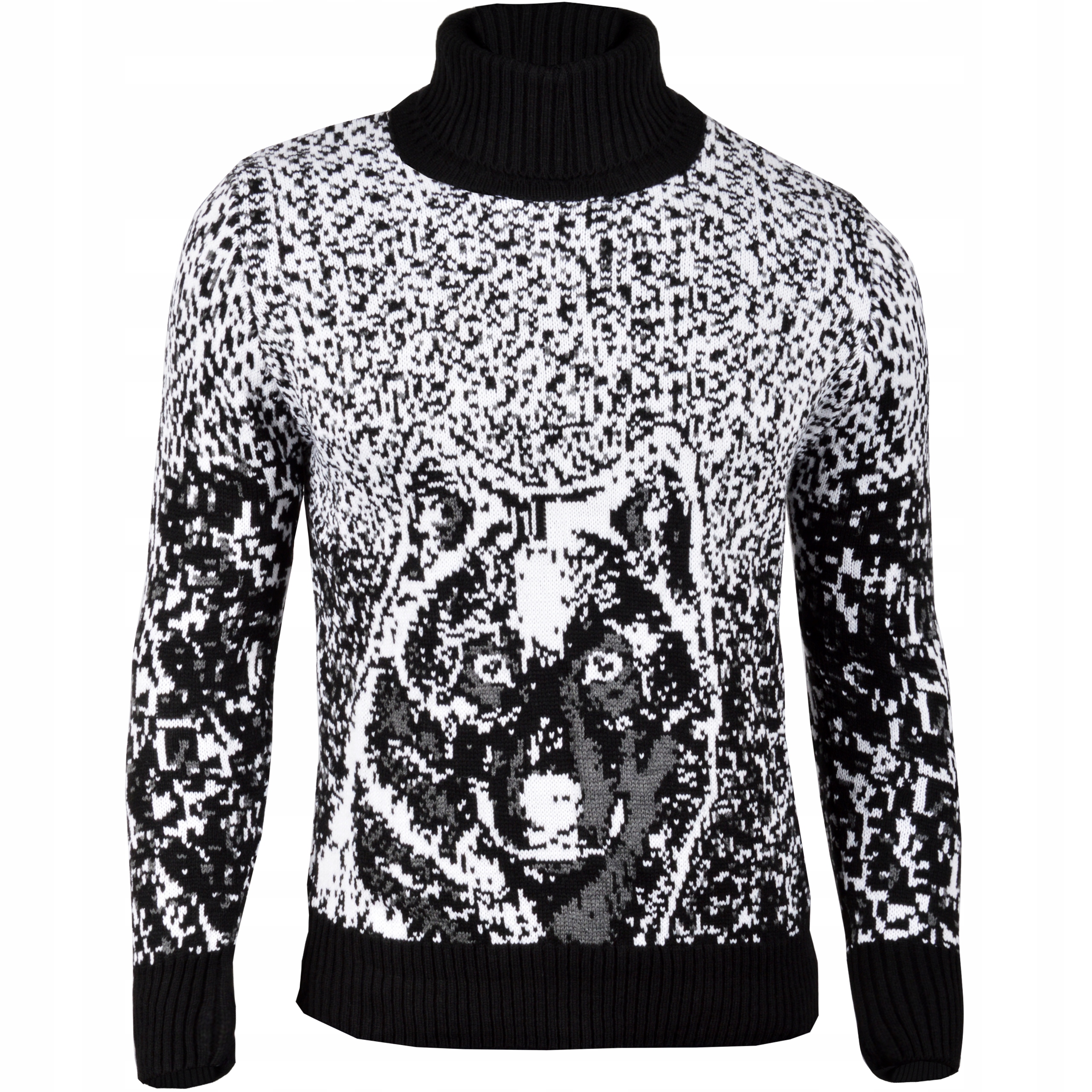 Pánský Svetr Mikina Rolák Se Stojáčkem Vlna Stínovaný Melírovaný 3D Vlk