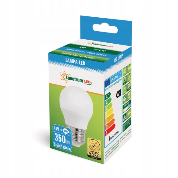 

Żarówka Led E27 4W kulka biała zimna, spectrum
